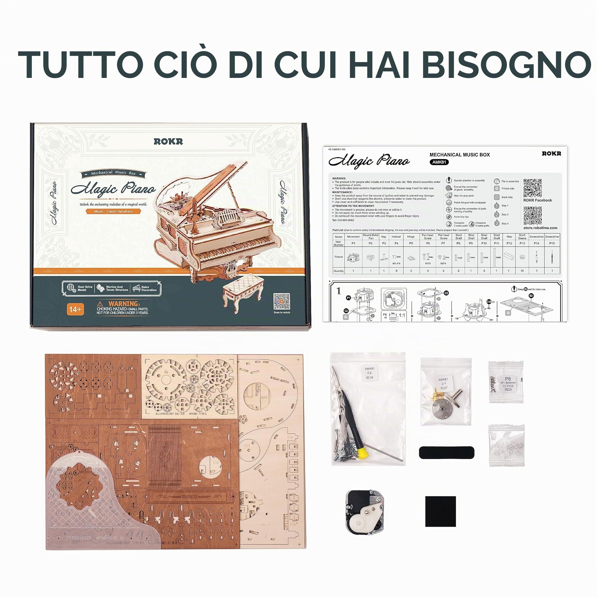 ROKR Puzzle 3D Legno Modellismo da Costruire Adulti Modellini Carillon Pianoforte Magico Modello Meccanico Set di Costruzione Artigianato per Adulti Regali Natale 223pcs, Magic Piano