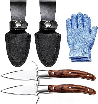 2 PACK Oyster Shucking Knife and Glove Kit Stainless Steel Seafood Opener with Wood Handle
