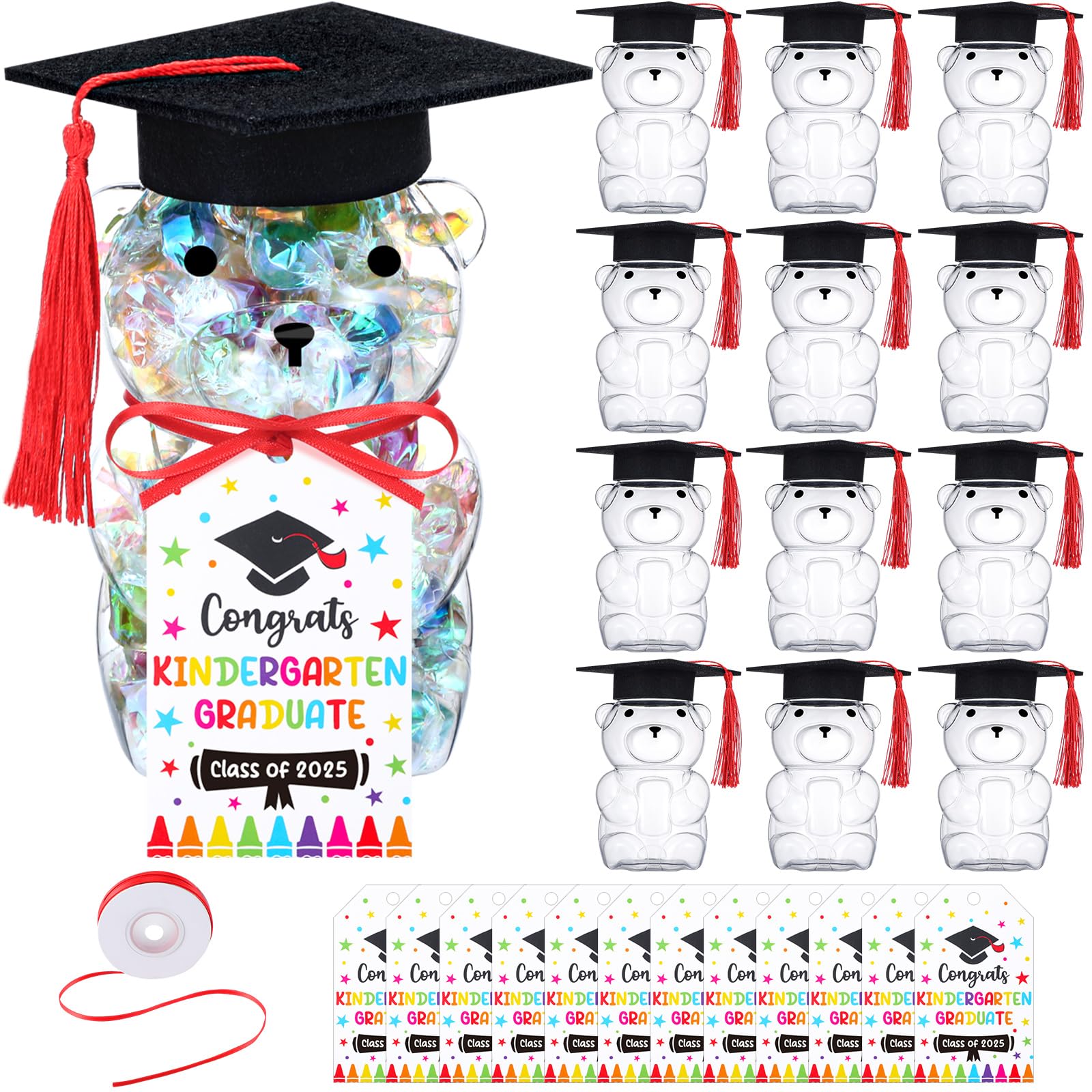 Domensi 12 Pcs Graduation Bear Jar 17 oz Empty Bear Plastic Jar Container with 12 Graduation Cap with Tassel and 12 Graduate Gift Tags Congrats Gift for 2025 Graduation Party Celebration Supplies