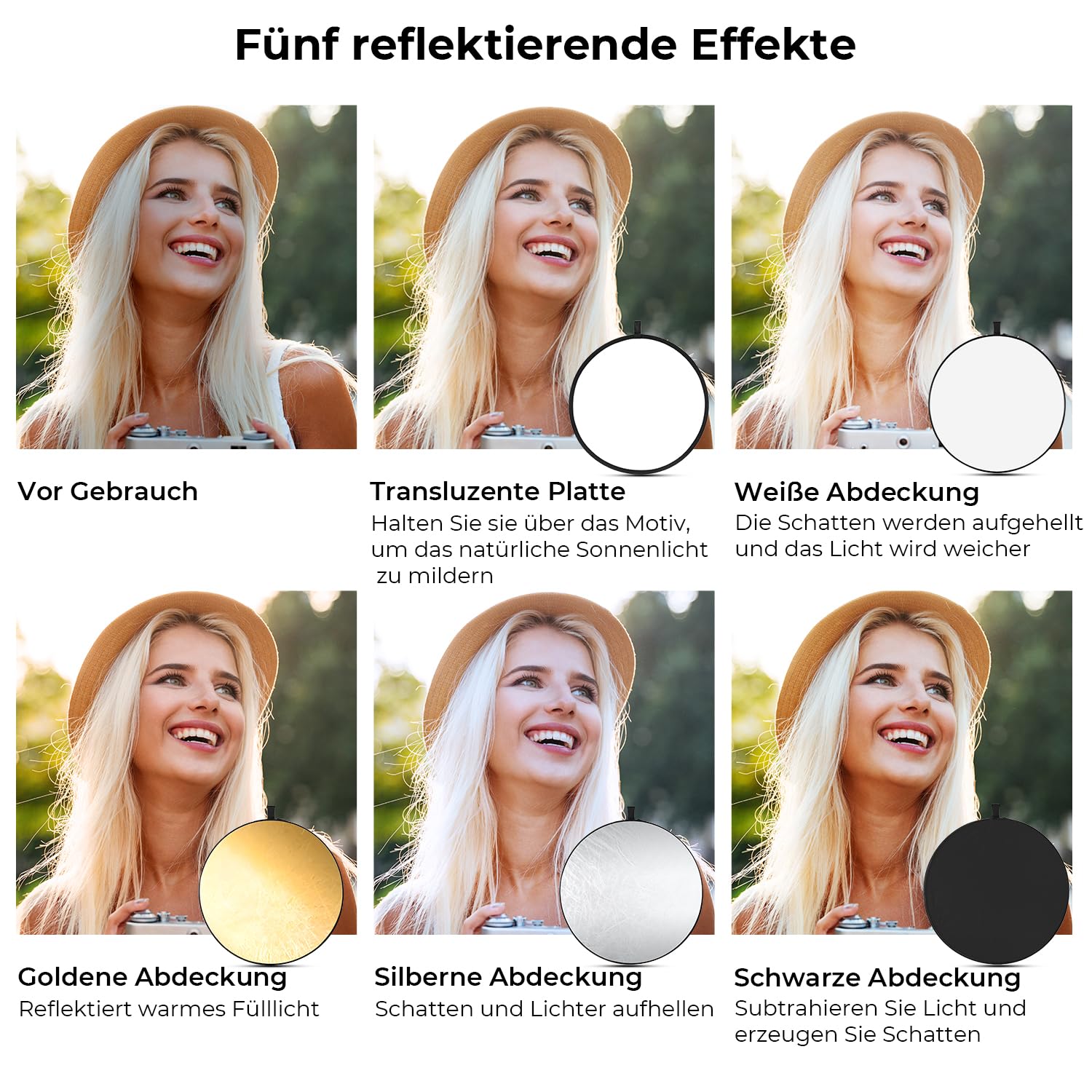 K&F CONCEPT 5-in-1 Faltbar Reflektor Fotografie Kit mit Tasche (110 cm) | Durchscheinend, Silber, Gold, Weiß und Schwarz Runde Reflektoren für Fotografie,Außenbeleuchtung