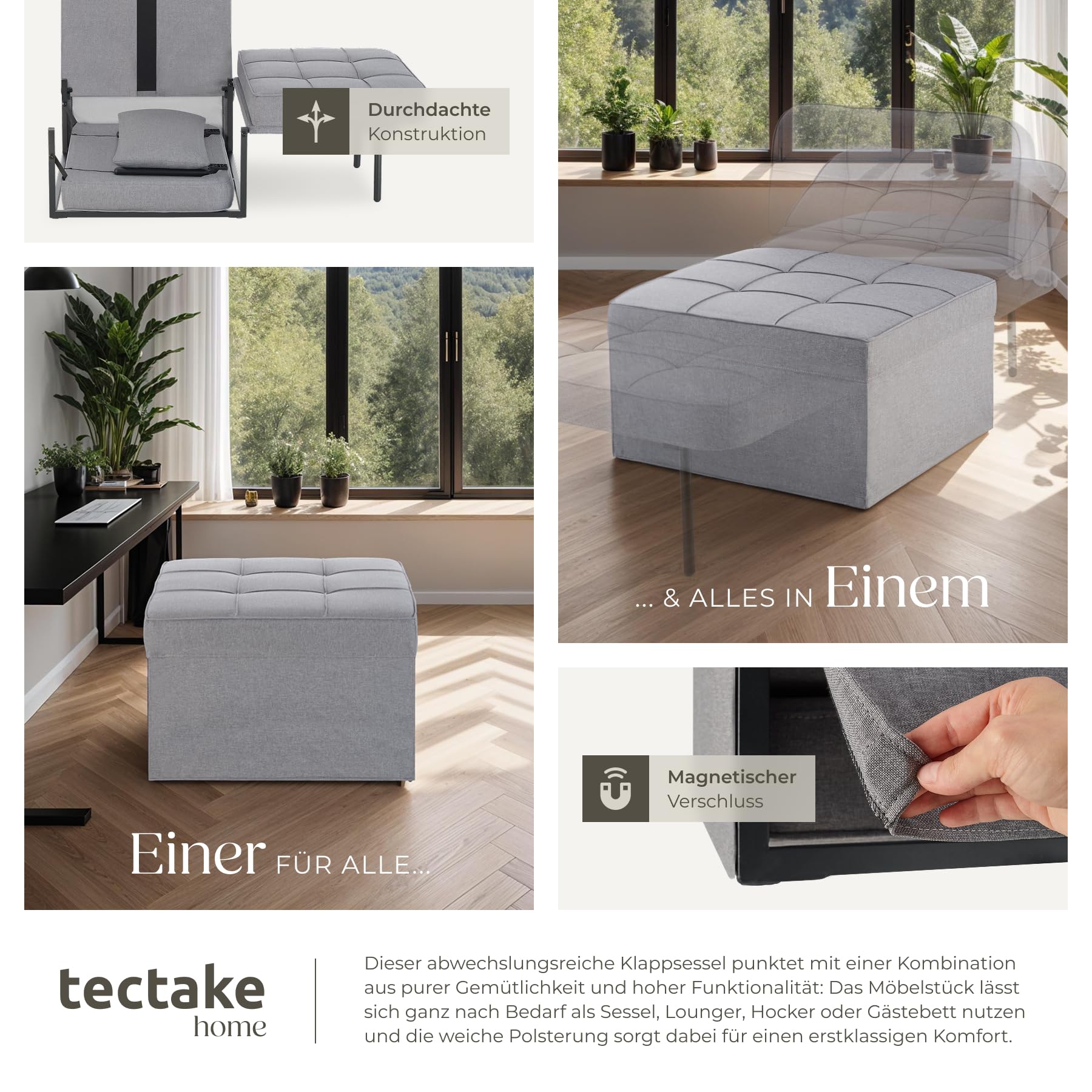 tectake® 4 in 1 gemütlicher Hocker mit Schlaffunktion, Sofa, Sessel oder Lounger, 6-Fach klappbar, als Couch, modulares Schlafsofa oder Lesesessel, für Schlafzimmer, Jugendzimmer, Wohnzimmer - grau