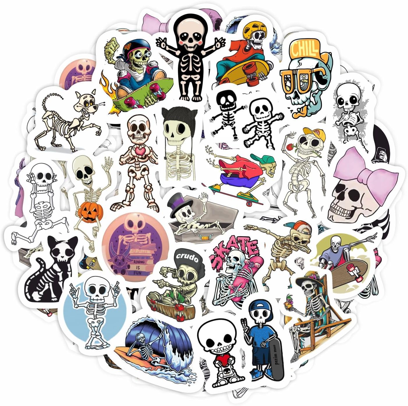 BulbaCraft 100Pcs Skeleton Stickers - Skeleton Party Decorations & Favors, Skull Stickers, Skeleton Gifts for Women, Men - Spooky Halloween Stickers Waterproof, Scary Horror Stickers for Water Bottle