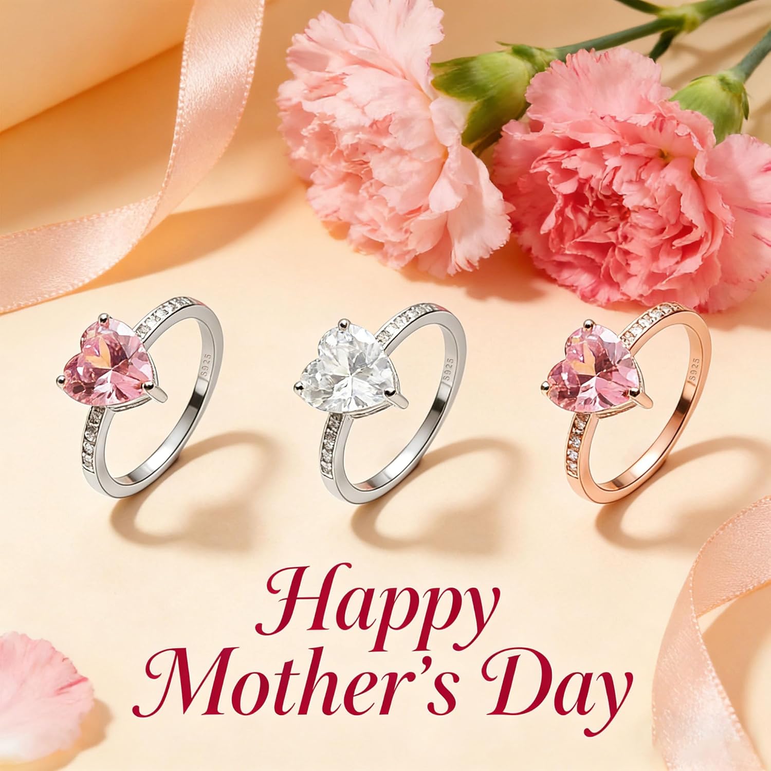3CT Dainty 925 Sterling Silver Pink Heart Promise Ring for Women Mom Heart Shaped Pink Cubic Zirconia Statement Ring to Daughter Eternity Engagement Rings Ladies Band Wedding Mothers Day Jewelry Gifts