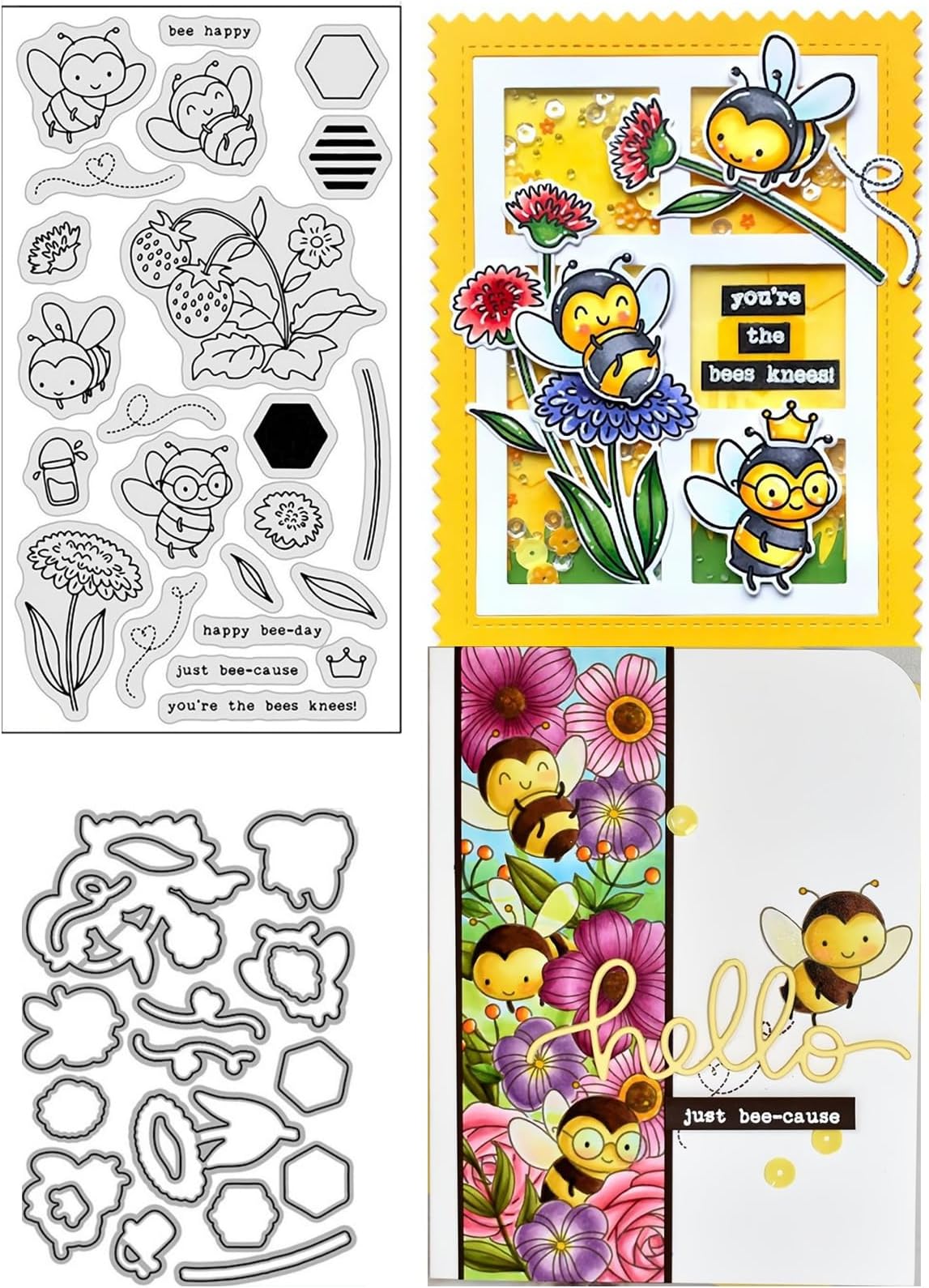 Bees and Strawberries and Sunflowers Stamps and Dies Set for Card Making,Clear Stamps and Metal Cutting Dies Sets for Scrapbooking DIY Album Card Making Supplies