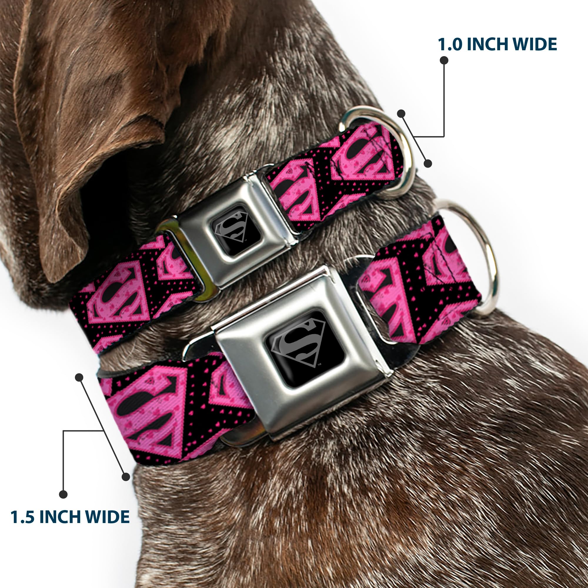 Buckle-Down Klamra pasa bezpieczeństwa obroża dla psa - ukośne logo Supermana z sercami czarne/różowe - szerokość 3,8 cm - pasuje na szyję 40-58 cm - rozmiar M