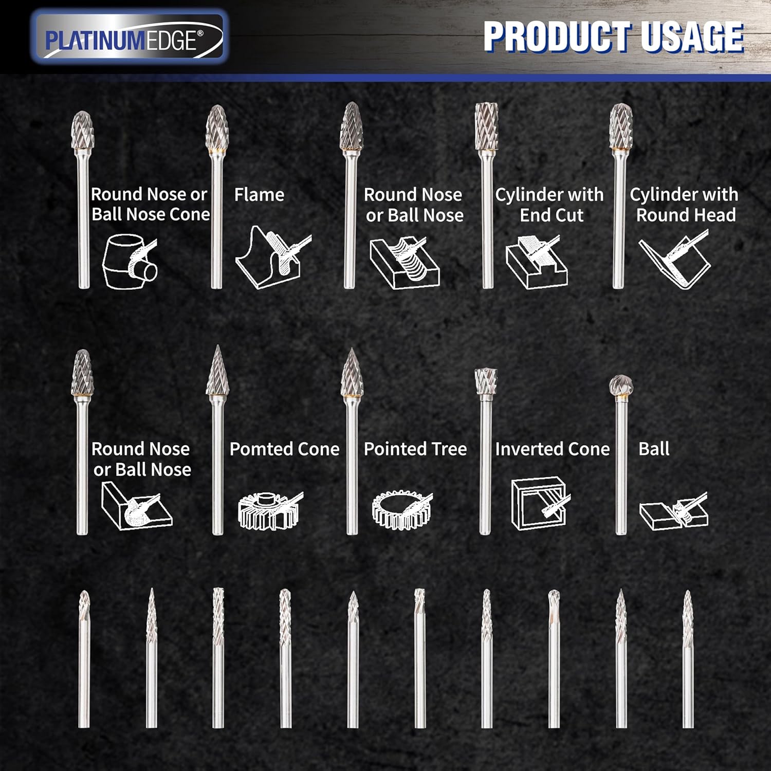 PLATINUMEDGE 20-Piece Carbide Burr Set, Double Cut Tungsten Carbide Rotary Bits with 1/8" Shank – High-Speed Metal Grinding, Carving, Polishing & Engraving for Wood, Stone, Steel, Plastic
