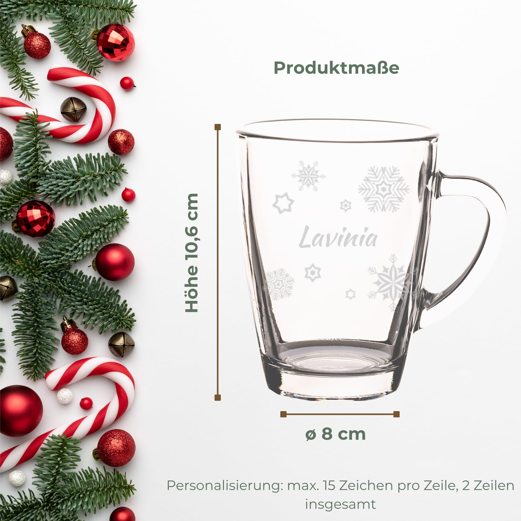 Glasbecher mit Gravur, Schneeflocke, 300 ml, 6 Stück | Personalisierte Glastassen für Kaffee, Tee & Glühwein, Wichtelgeschenkidee, hitzebeständig, Spülmaschinenfest