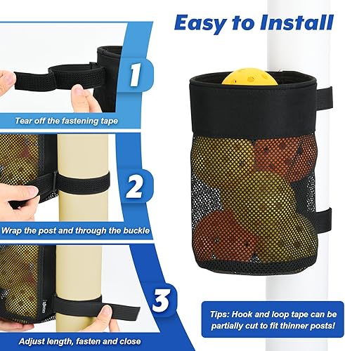 Miniatura 5 de Cosmos Soporte para pelotas de pickleball bolsa colgante ajustable para redes de pickleball, cesta de almacenamiento plegable de malla para sostener