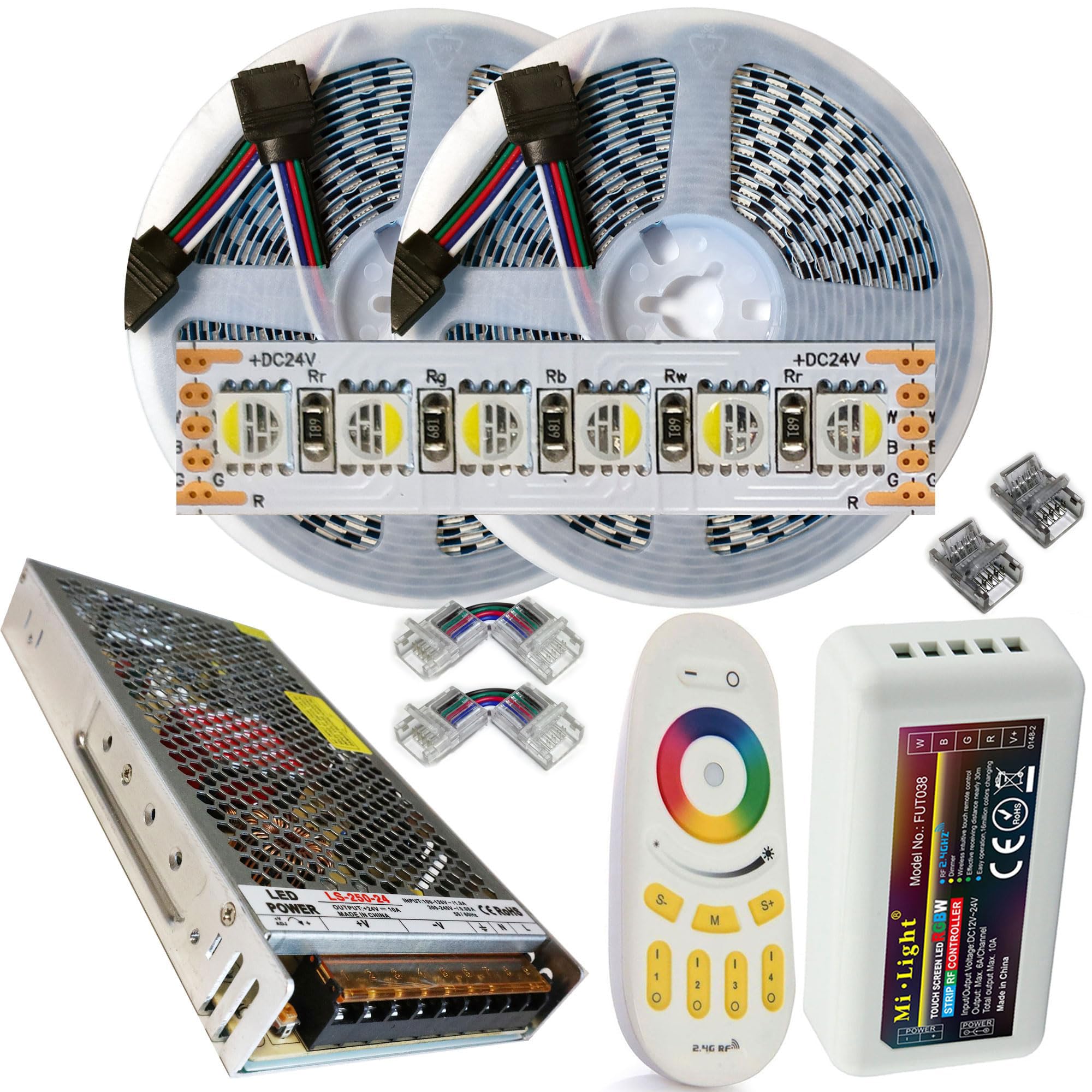 RGB+Bianco Freddo 4in1 24V. Kit da 10 Metri con 1 Trasformatore da 240w e 1 Controller +1 Telec.. Con 1200 Led RGB+W sviluppa 10000+10000 Lumen. Striscia RGBW Ip20