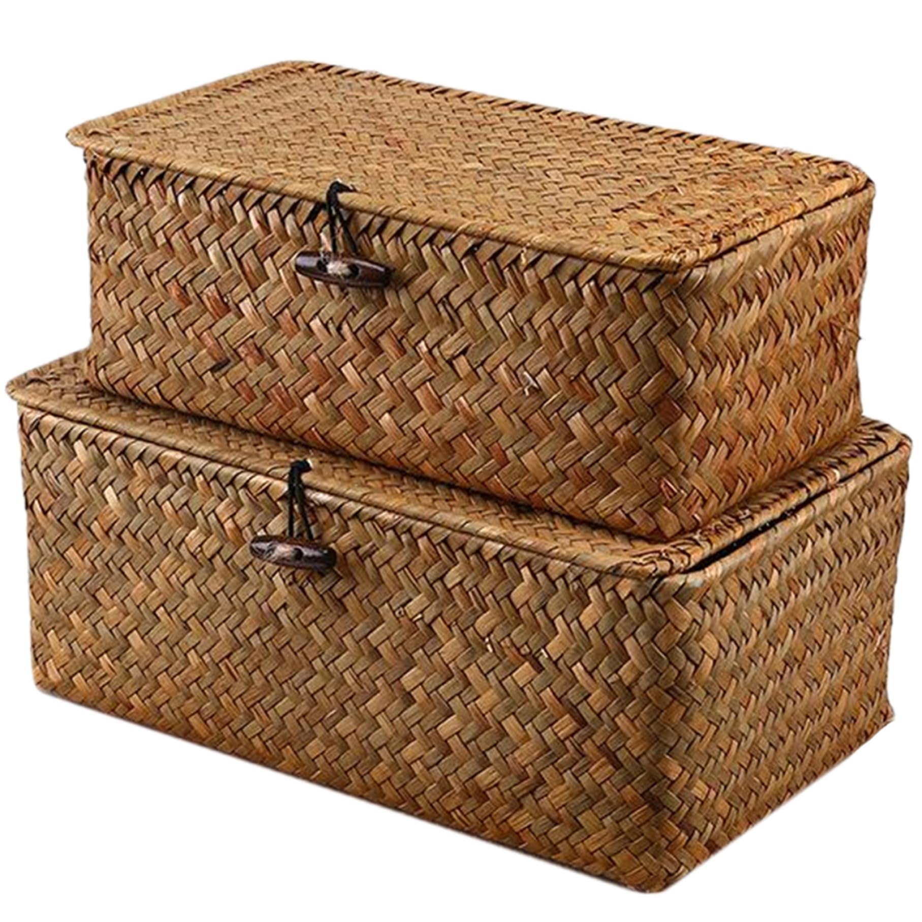 Panier rangement jonc de mer avec couvercle | Boîte tressée pour étagère