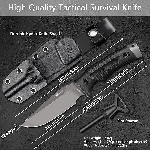 Miniatura 2 de HX OUTDOORS Cuchillo de hoja fija con arrancador de fuego, cuchillos tácticos de espiga completa de acero DC53 prémium para hombres, cuchillo de