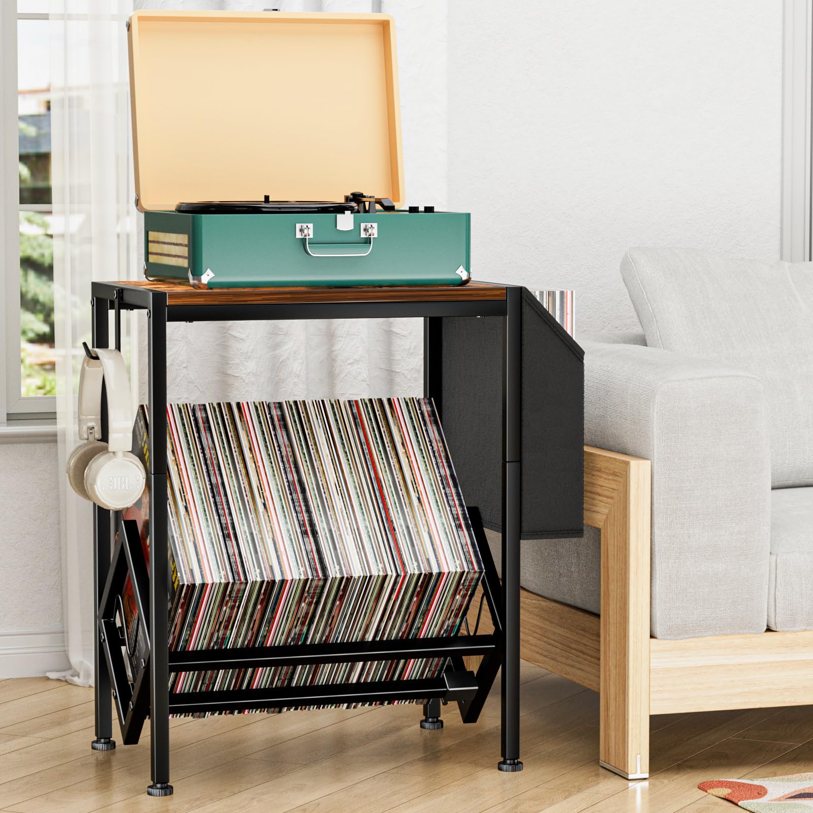 EKNITEY Vinyl Schallplatten Aufbewahrung Ständer - 80-Platten Retro Stahl-Holz Ständer mit organisierendem Stoffbeutel für Plattenspieler und mehr (Schwarz)