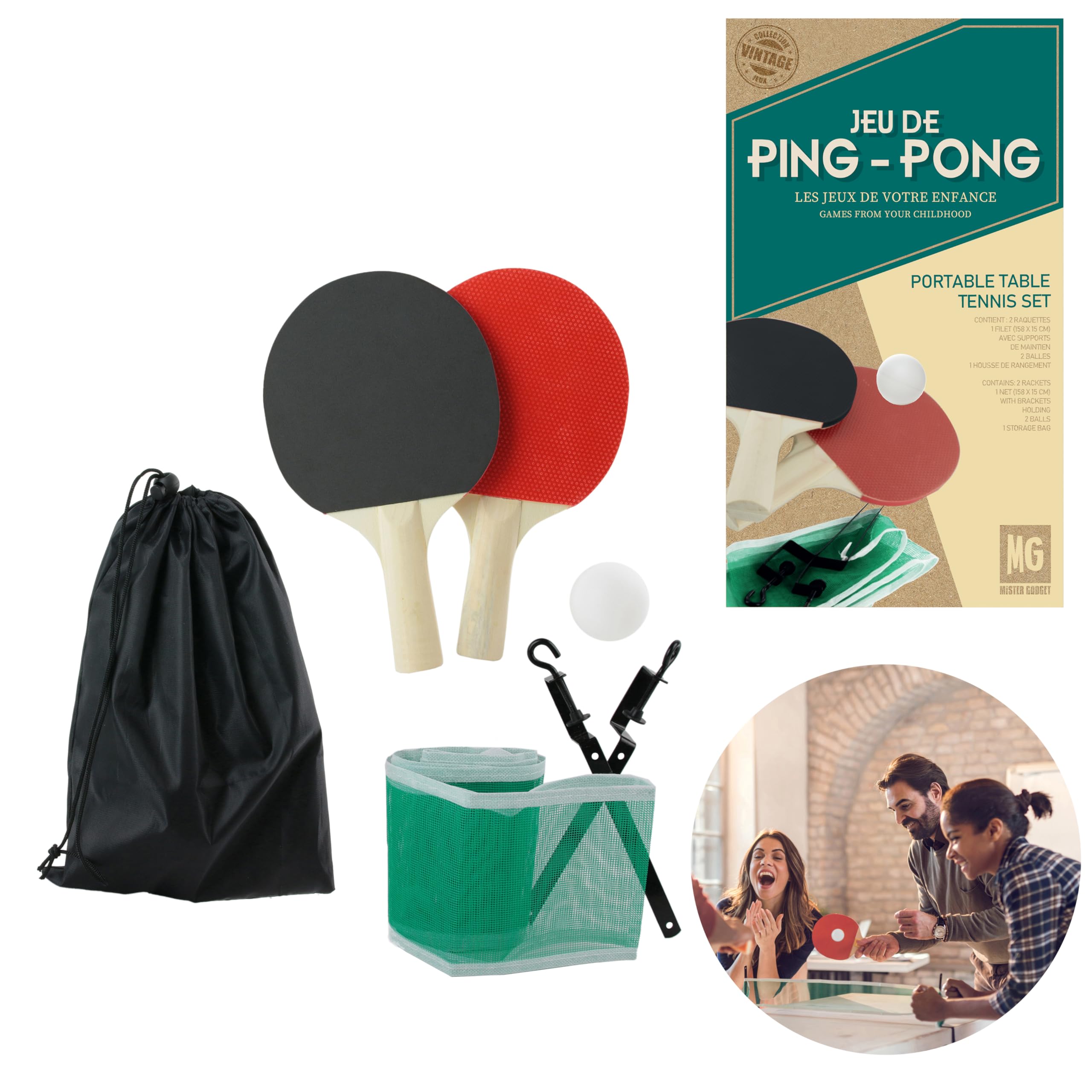 MISTER GADGET - MG3072 Jeu de Ping Pong Mobile Compact - Filet, 2 Raquettes, 2 Balles, Housse de Rangement - Adapté à Tables Jusqu'à 3,7 cm d'Épaisseur - Taille M - Multi-Couleur