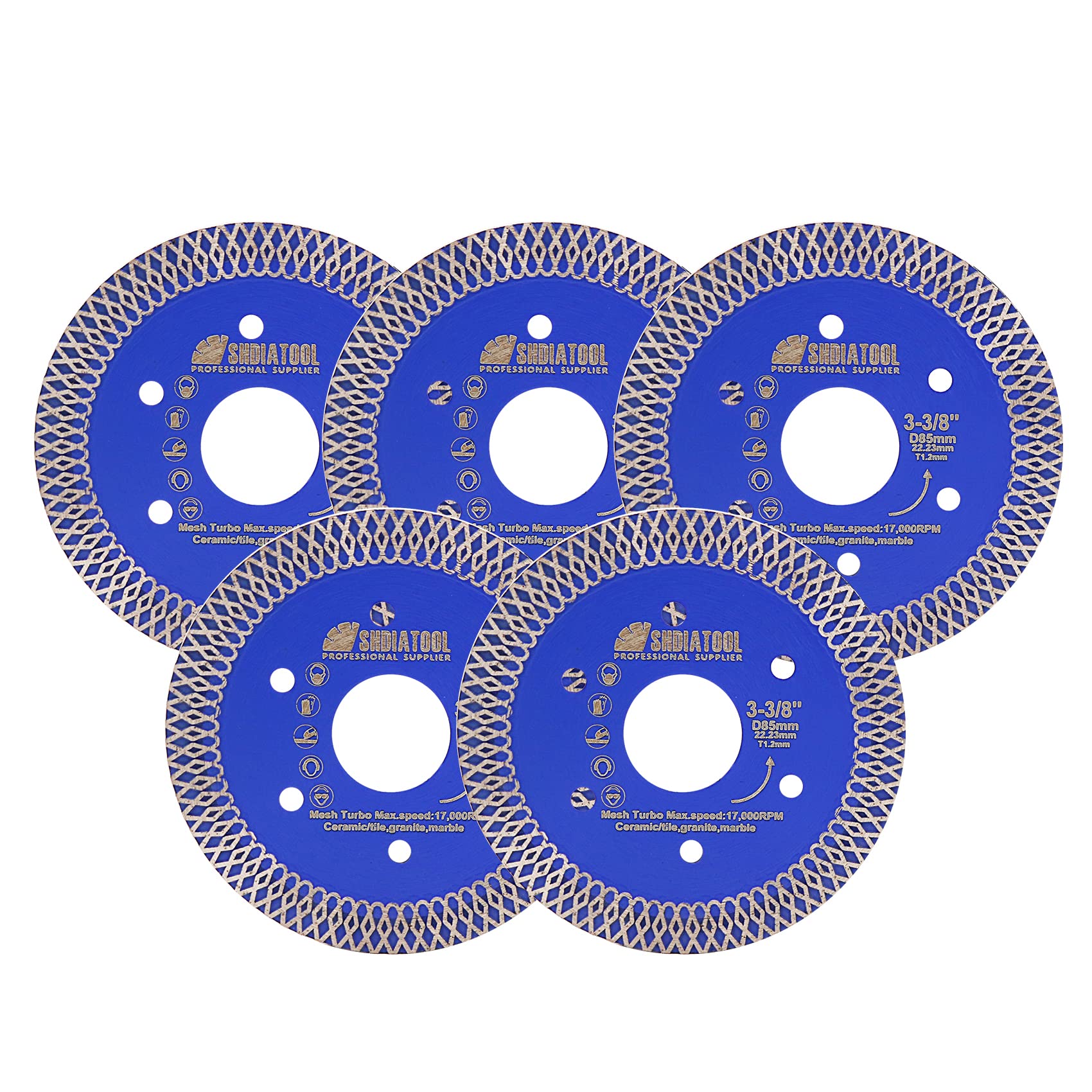 SHDIATOOL Diamentowa tarcza do cięcia 5 szt., 85 mm, 3-3/8 cala, super cienka X Mesh Turbo brzeszczot do płytek, marmuru, ceramiki, porcelany