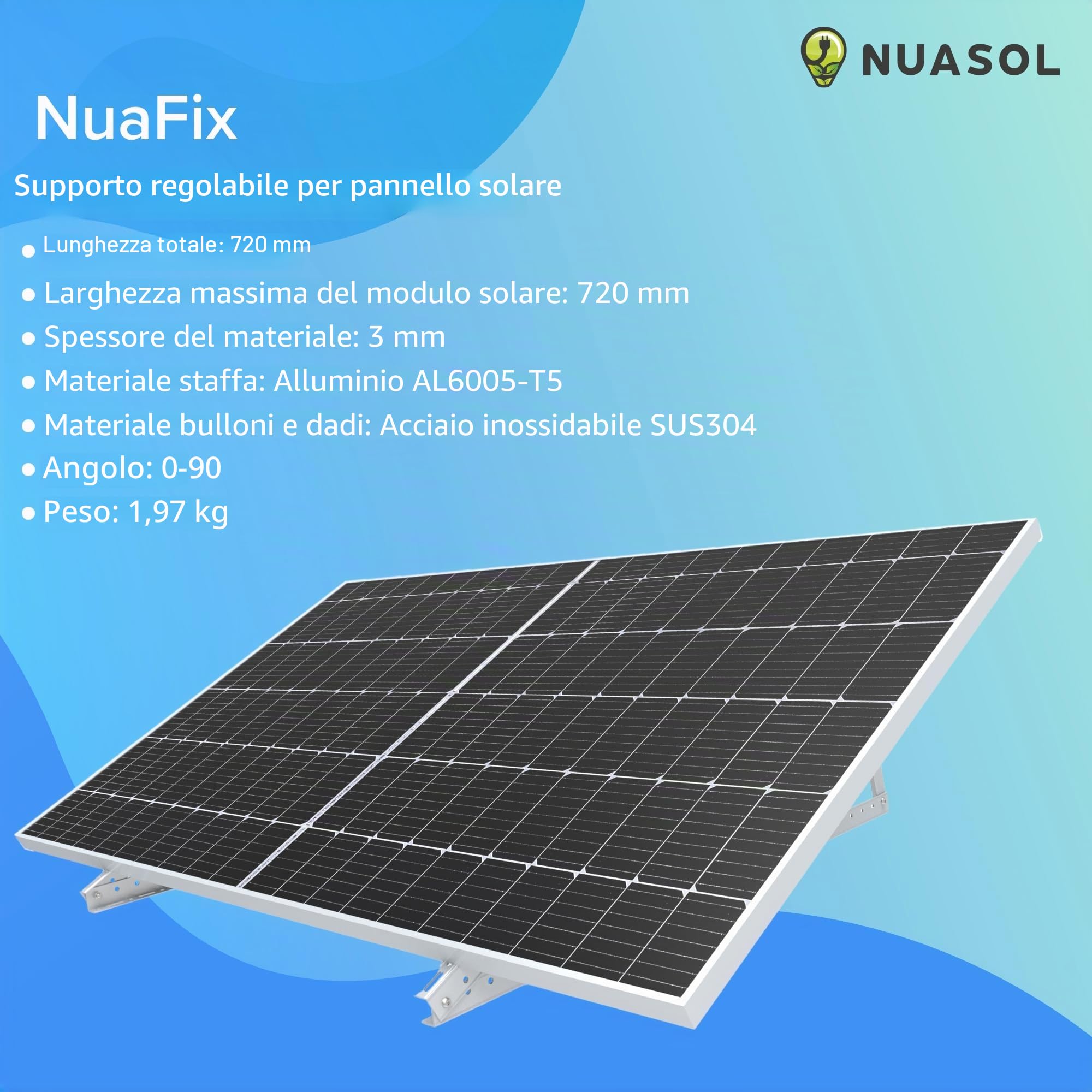 Supporto per pannello solare fino a 72 cm, 28 pollici, pannello solare PV, regolabile da 0 a 90°, set | alluminio | materiale di montaggio