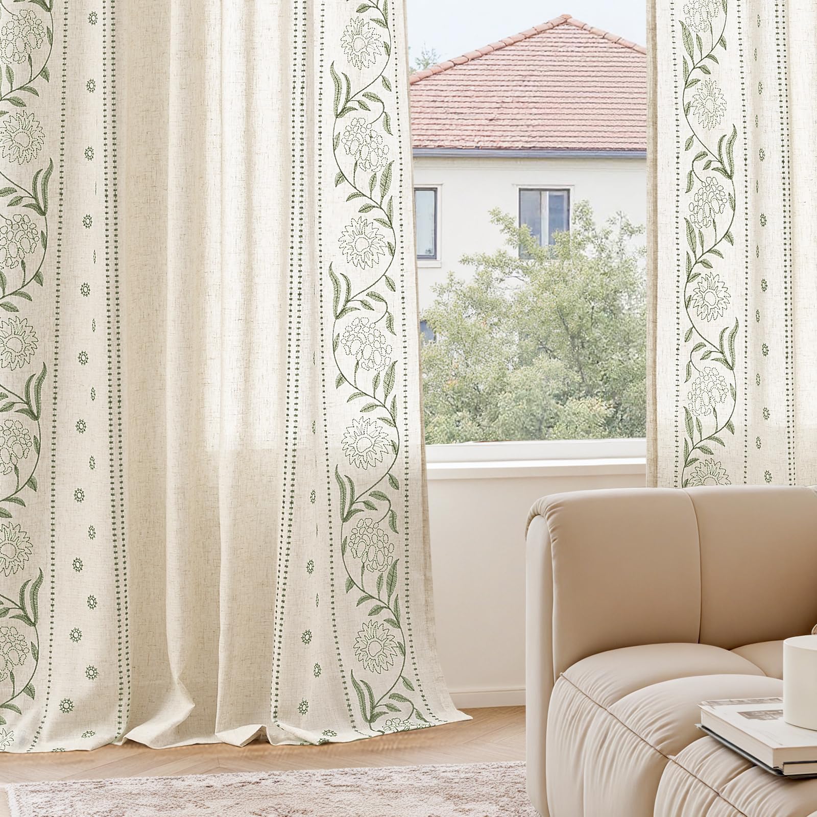 TOPICK Embroidery Floral Linen Look Voile Curtains for Windows 54 Inch Drop, Light Filtering Pencil Pleat Curtain 2 Panels for Bedroom, Semi Transparent Sheer Living Room Drapes, 50W x 54L Inch, Green