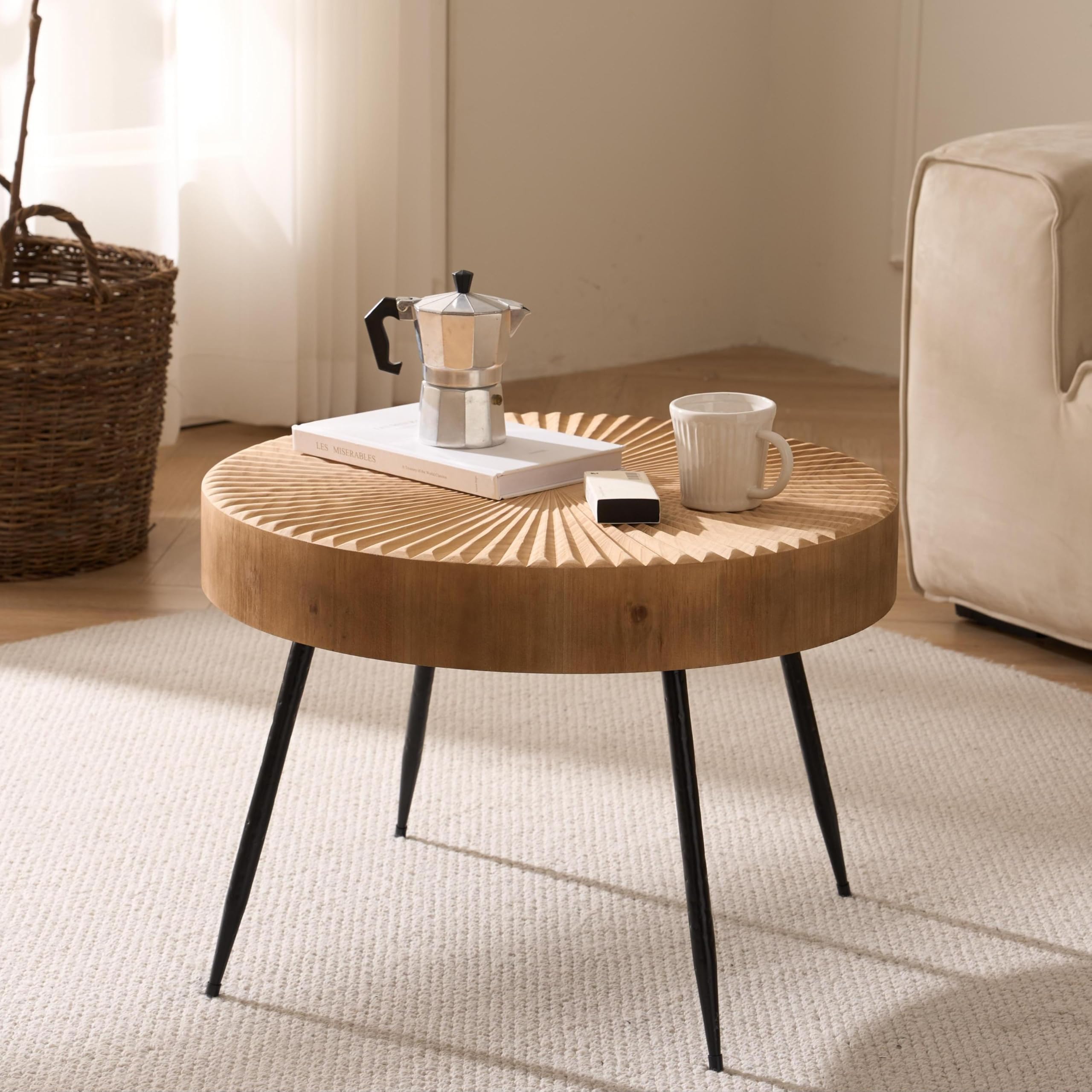 Beistelltisch Rund Holz, 60×42cm Großer Coffee Table | linearem design, schwarzen metallbeinen, fur wohnzimmer, massivholzfurnier, holzfarbe, kleiner couchtisch, handgefertigt