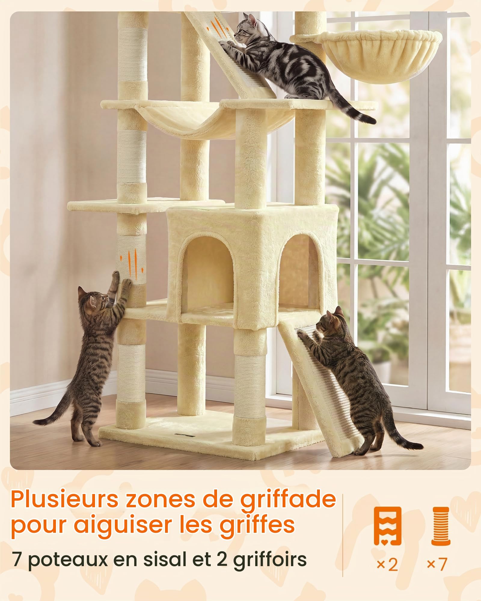 Feandrea Arbre à Chat XXL, Tour d'Activités en Sisal, 7 Zones de Repos avec Griffoir, 55 x 45 x 205 cm, Beige, pour Multi-Chats, Collection Clawfy PCT021Y101