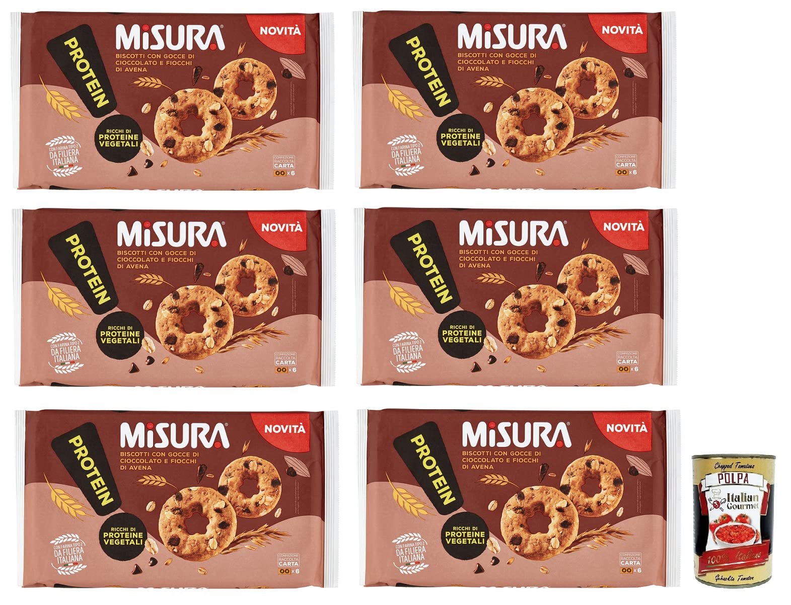 Misura Protein,Galletas de proteínas con gotas de chocolate y avena, Ricas en proteínas vegetales, 260 g + Italian Gourmet Polpa di Pomodoro 400 g en lata