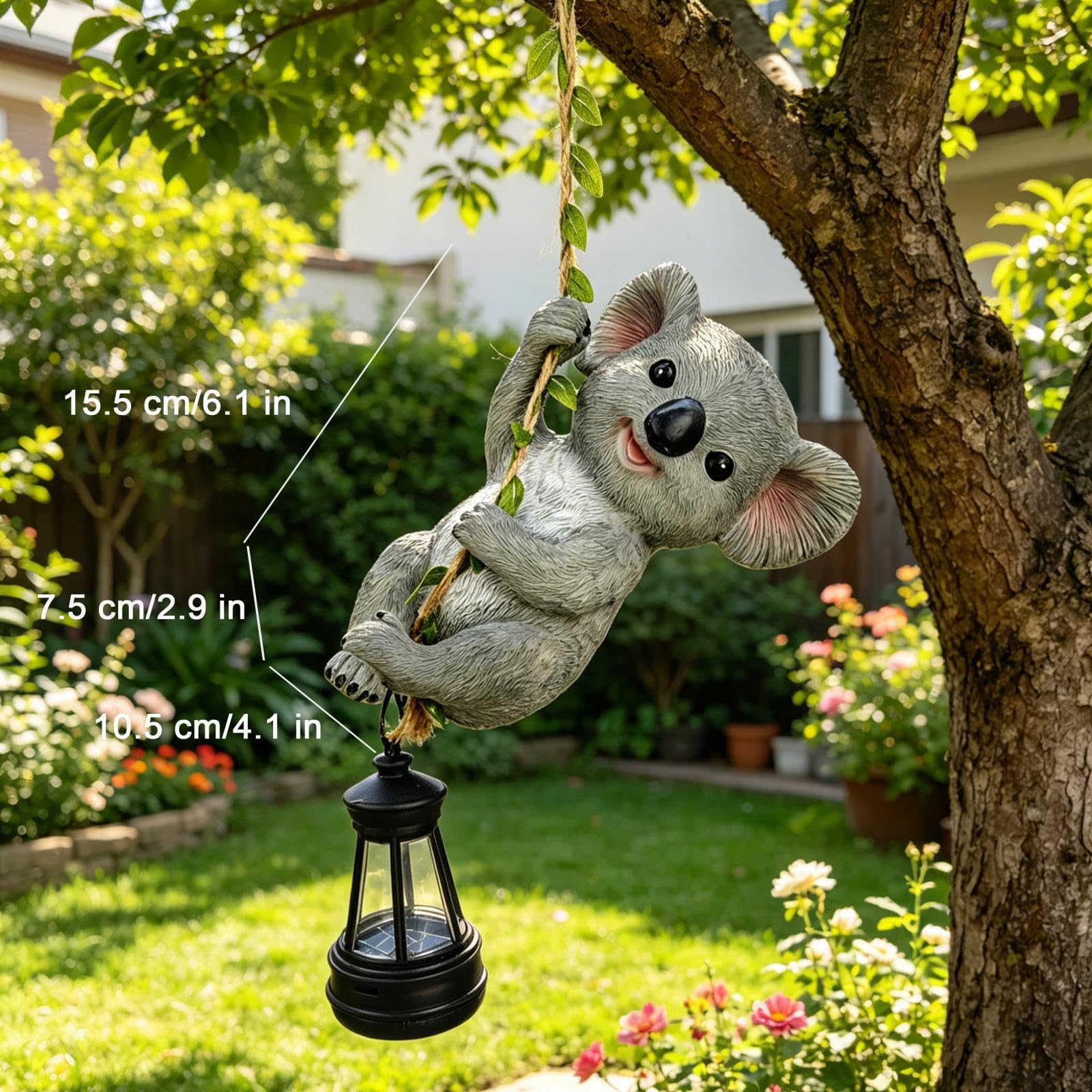Statuetta da Giardino a Energia Lanterna a LED, Albero in Resina, Ideale per Alberi, Koala, 10.5 X 7.5 X 15.5 Cm