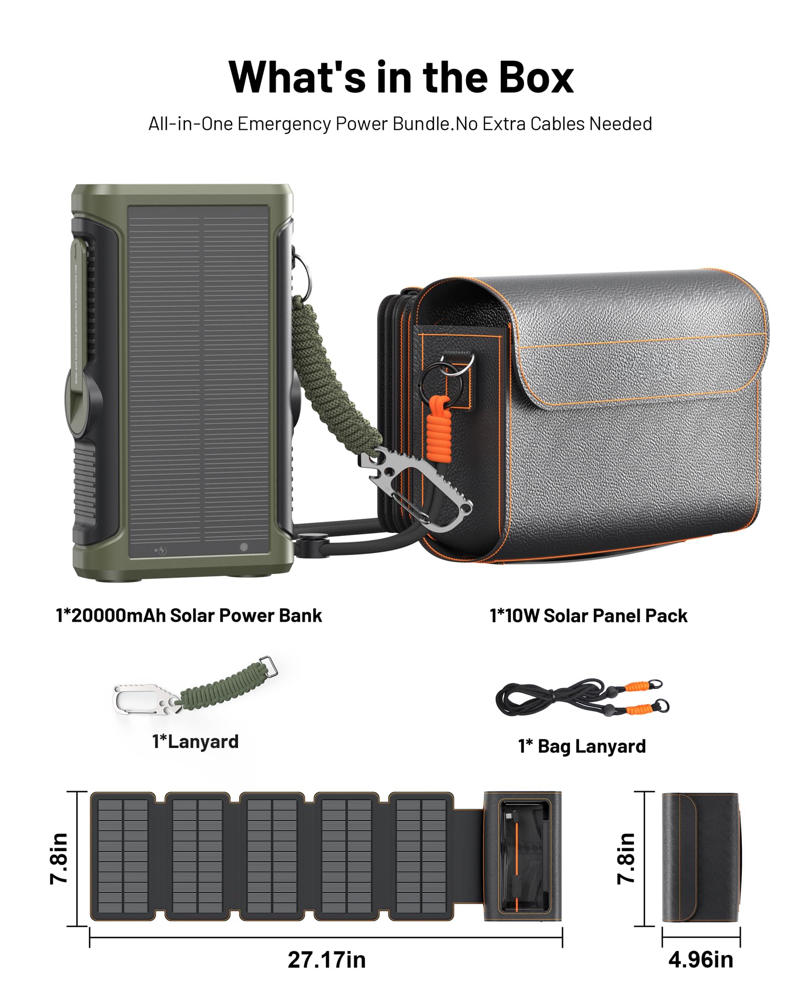 Chargeur solaire : chargeur portable sans fil 20 000 mAh avec sac de rangement pliable 5 panneaux de 10 W, manivelle d'urgence et batterie externe 20 W PD à charge rapide pour le camping et
