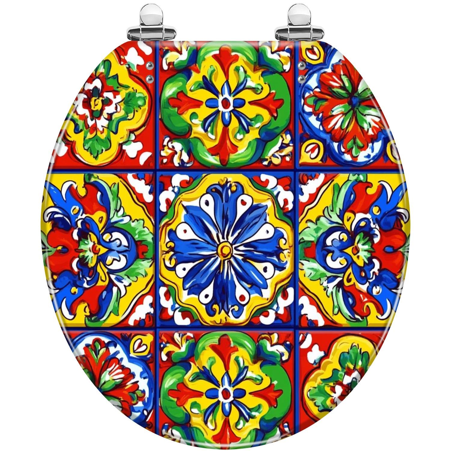 Round Toilet Seat Mexican talavera ceramic tile seamless pattern Ethnic folk ornament Resin Toilet Seat Quietly Close Quick Release Hinges Decorative Toilet Seat with Cover Easy to Install