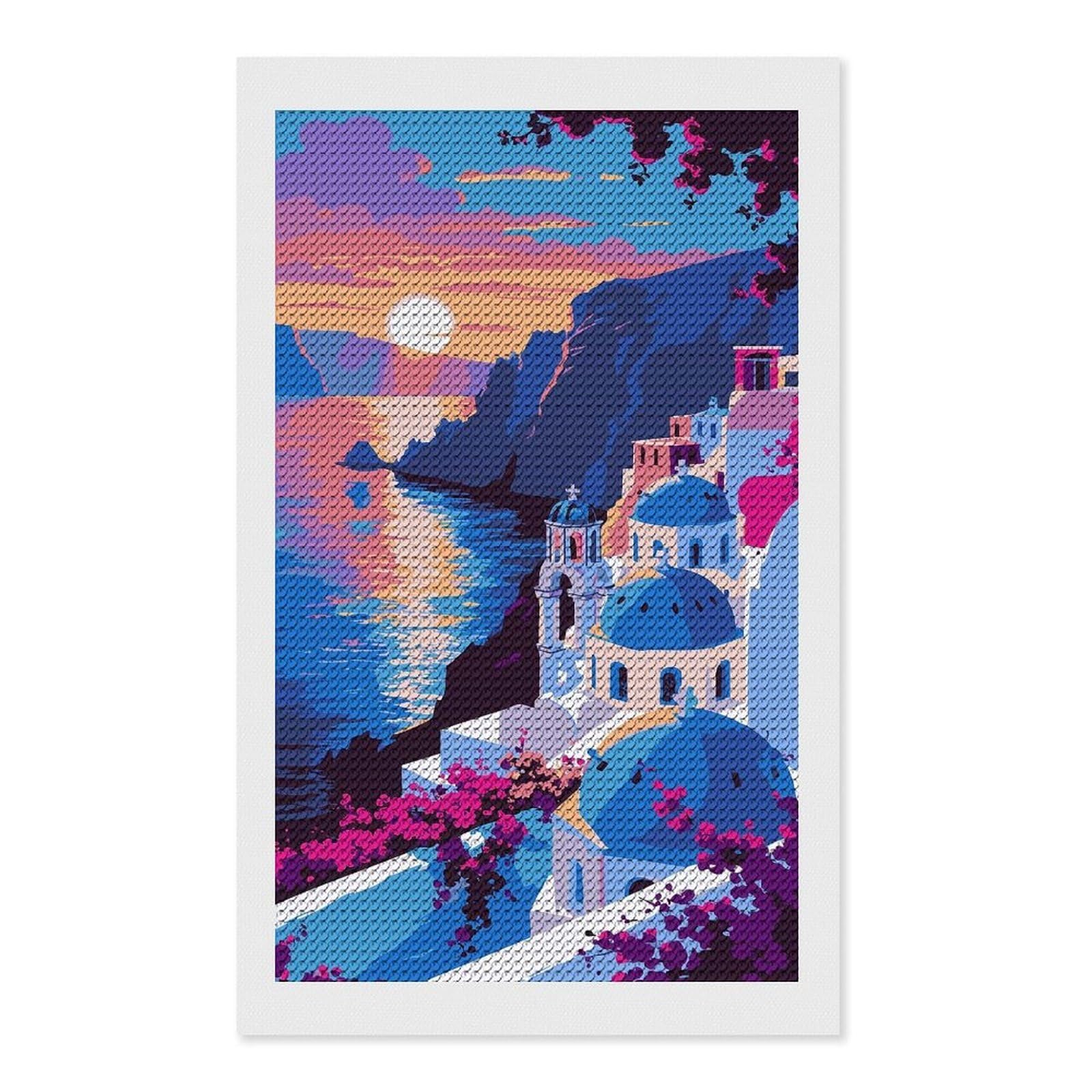 Junmoney Santorini Sunset Illustration(2) Diamond Art Canvas 12"x20", for Family Craft Time, Creative Leisure Activity, Living Room Decor, Festive Craft Gift