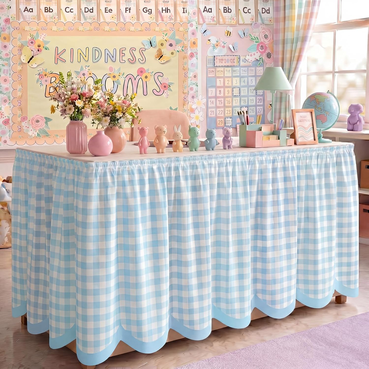 Breling Teacher Desk Skirts 14ft Gingham Table Skirt Blue Scalloped Ruffled Table Skirt Back to School Supplies for Classroom Teacher Office Desk Decor