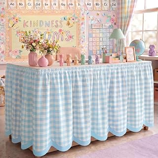 Breling Teacher Desk Skirts 14ft Gingham Table Skirt Blue Scalloped Ruffled Table Skirt Back to School Supplies for Classroom Teacher Office Desk Decor