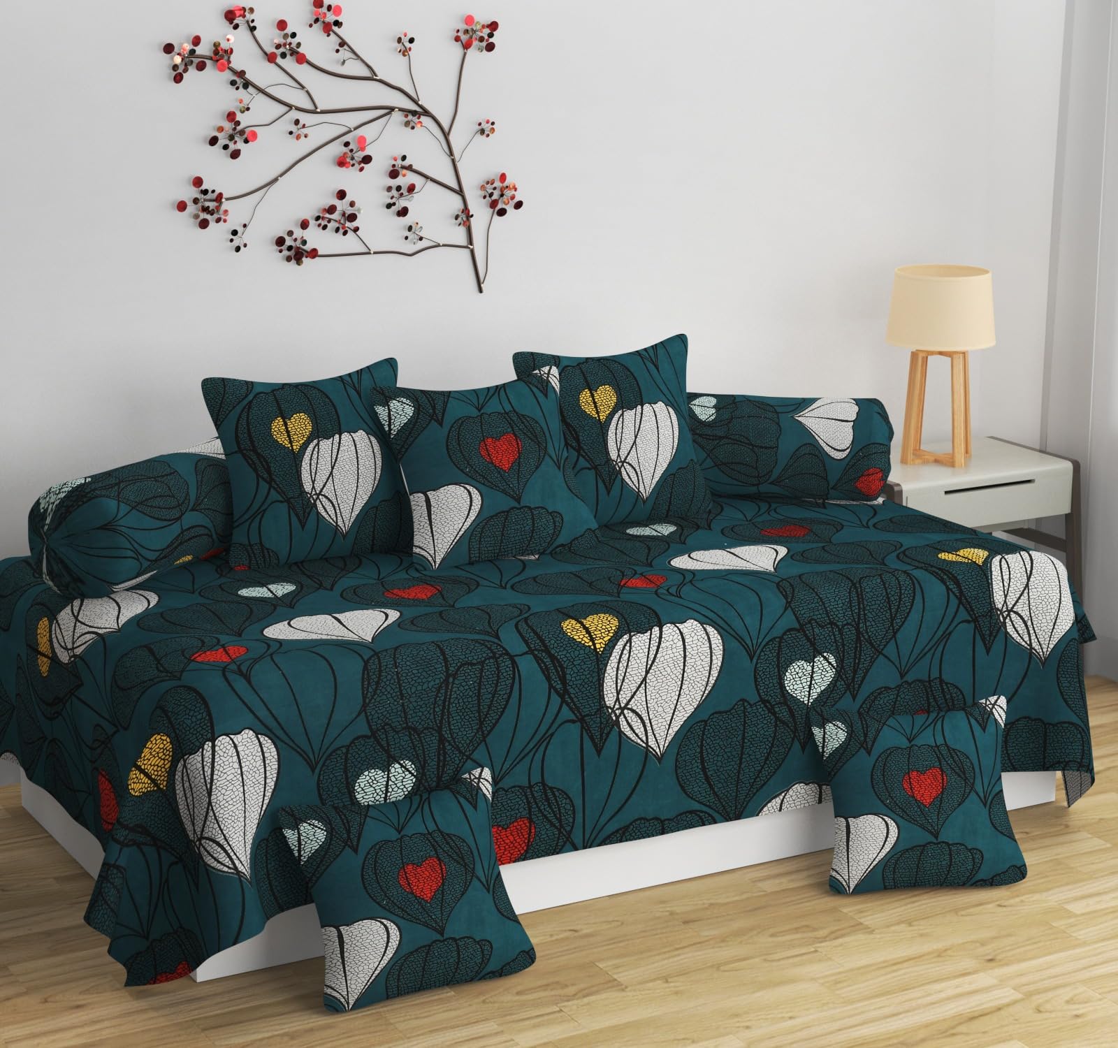 CLiDE Premium Glace Cotton Single Diwan Bedsheet Set with 5 Cushion & 2 Bolster Covers - 8 Piece Complete Living Room Bedding Assembly, Floral & Geometric Prints (Teal Blue Heart-Leaf Abstract)-image-28
