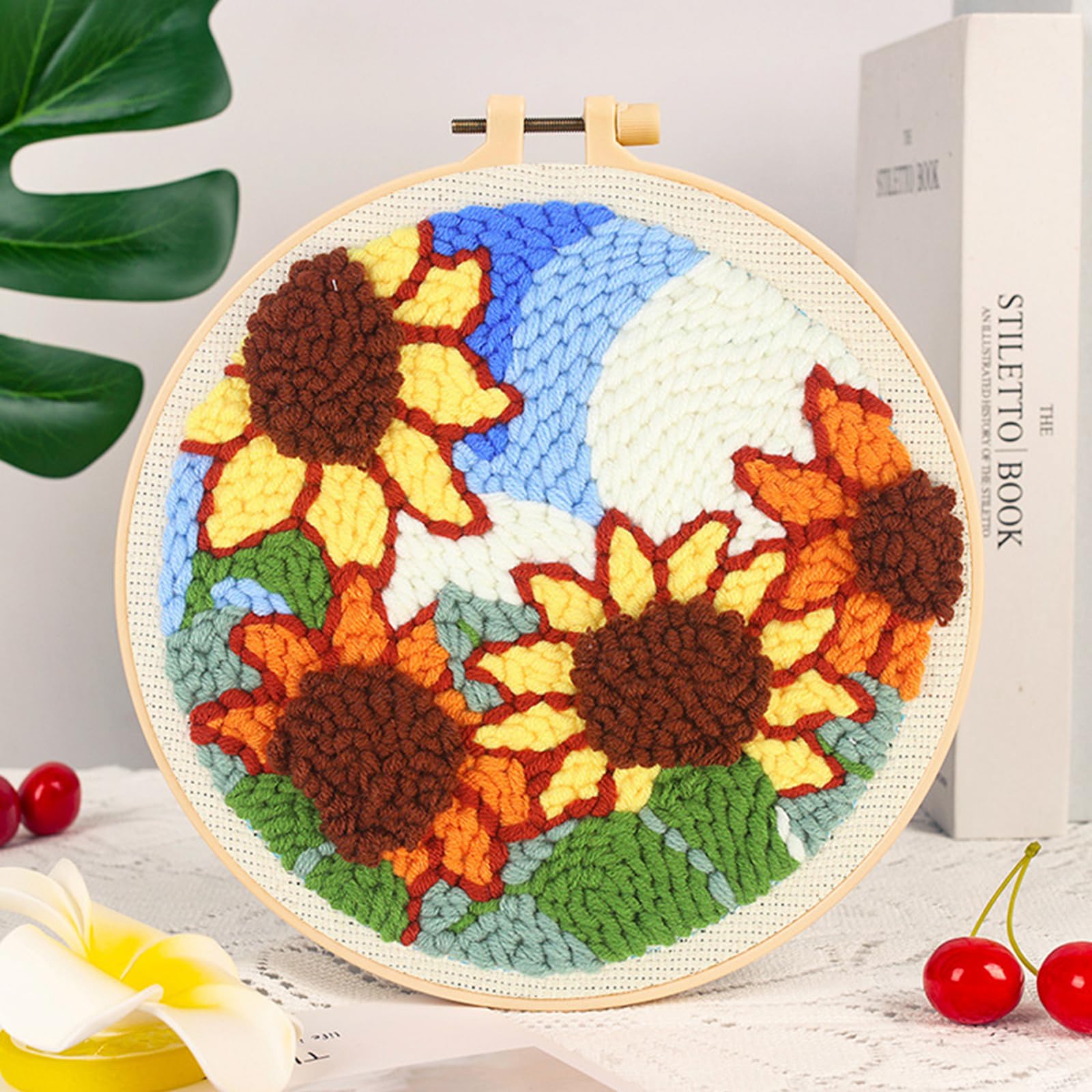 Attuslla 3 Set Punch Needle Embroidery Starter Kit with Pattern, Plastic Hoop, Yarn - Image 2