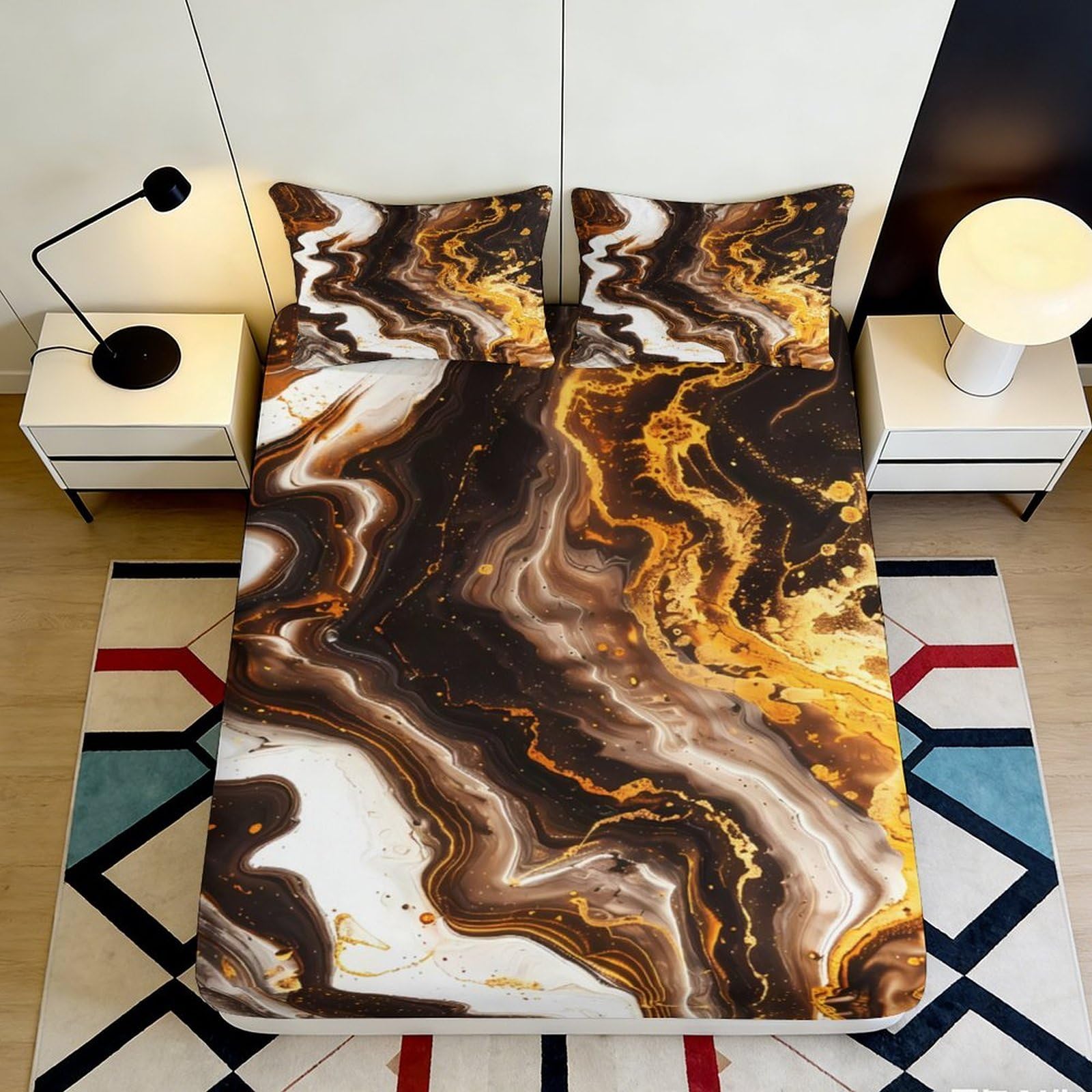 3D Printed Marble Brown Fitted Sheet Microfiber Durable Soft 3D Printed Gold Vein Mattress Cover for Bedroom Dormitory Guest Room Protection 140x200x25cm