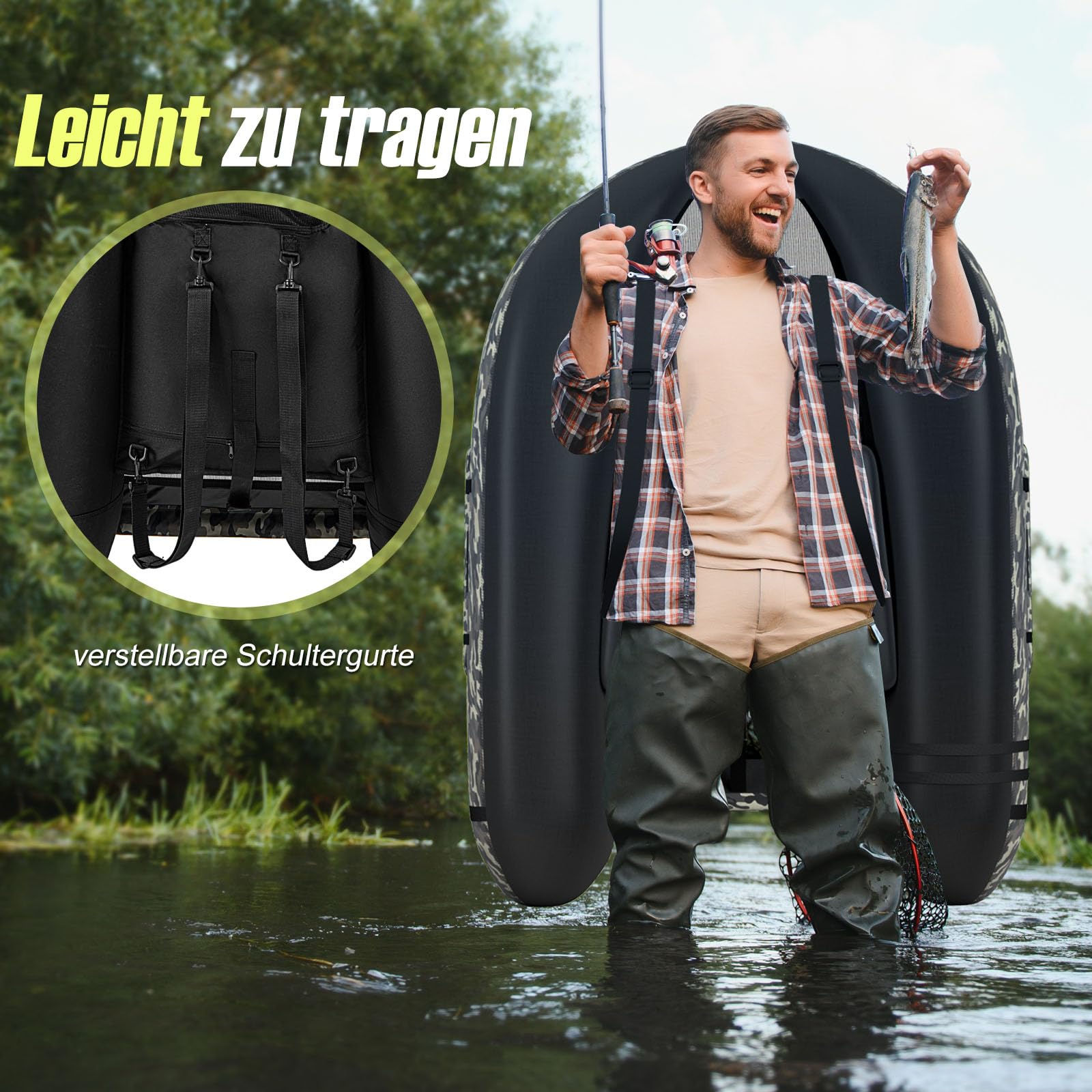 GYMAX Aufblasbares Angelboot, tragbares Belly Boat inkl. Pumpe, Paddel & verstellbaren Schultergurten, Fischerboot mit Fischlineal, Schlauchboot bis 150 kg belastbar