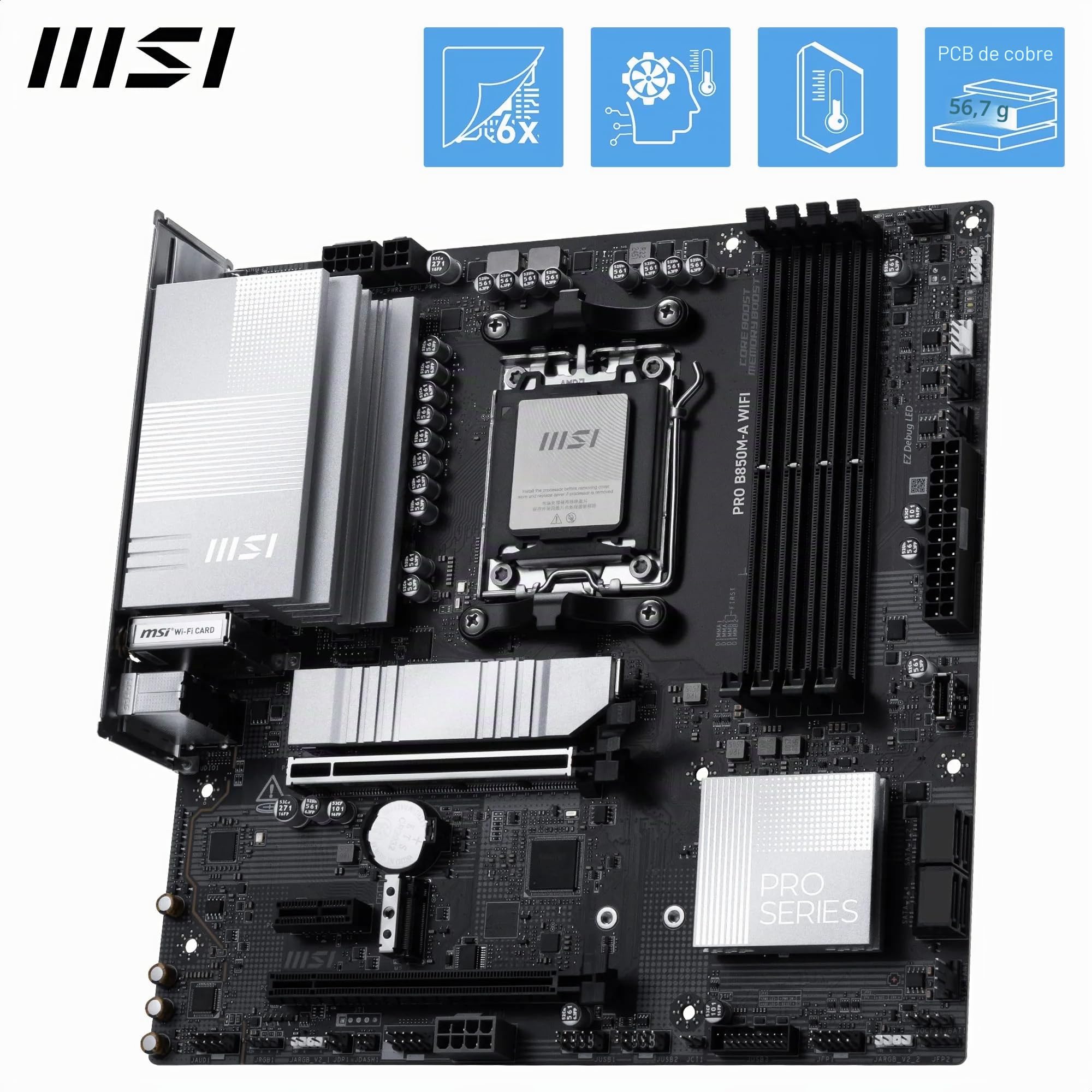 MSI Pro B850M-A - Placa Base WiFi, mATX, Compatible con procesadores AMD Ryzen 9000/8000/7000, AM5 - DDR5 Memory Boost (8200+ MT/s OC), PCIe 5.0 x16 y 4.0 x4, M.2 Gen5, Wi-Fi 7, 5G LAN
