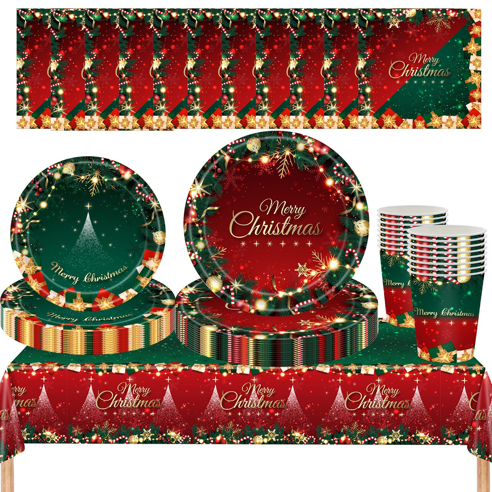 MOMAHUA 69 Piece Christmas Paper Tableware Set for 16 Guests Complete Festive Red&Green Xmas Table Decor with Plates,Cups,Napkins&Tablecloth Holiday Dinner Party Essentials for Family Gatherings