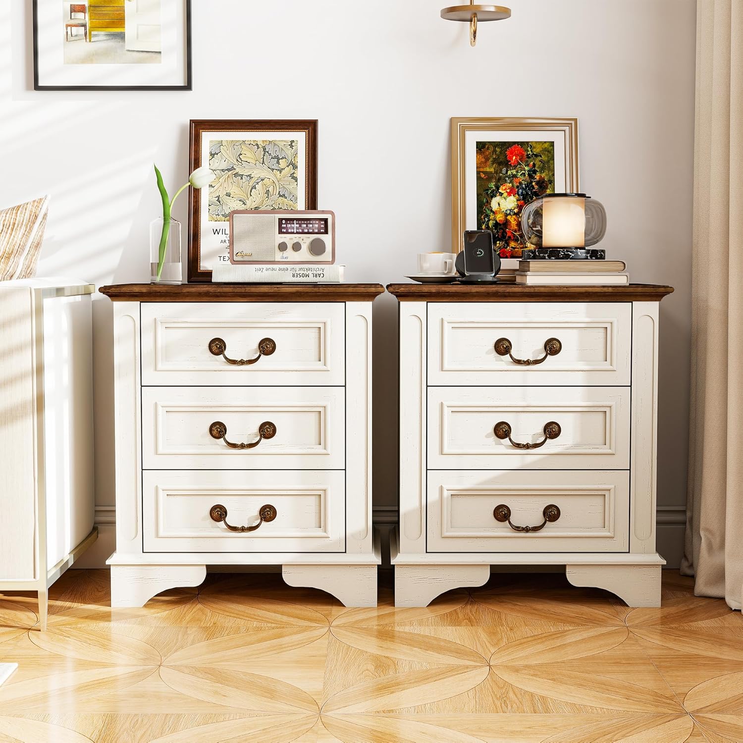 3-Drawer Nightstand with Charging Station, Farmhouse Bedside Table with 2 AC Outlets & 2 USB Ports, Waterproof Wooden End Table for Small Spaces, Bedroom,White