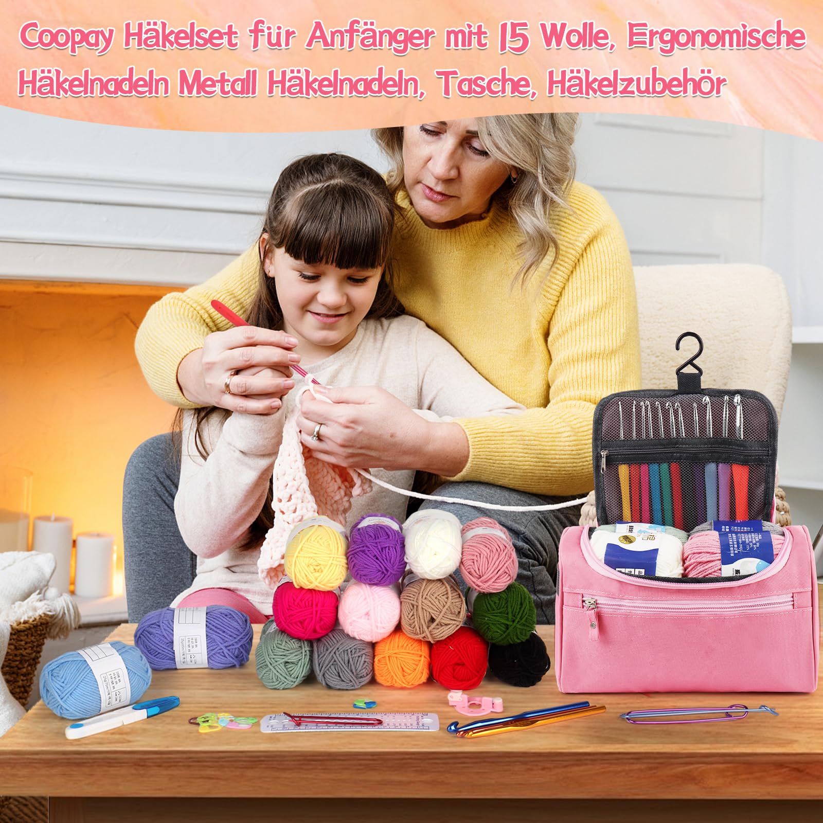 Coopay Haakset voor beginners, complete set met 15 wol, ergonomische