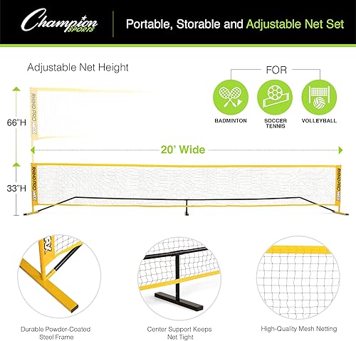 Miniatura 17 de Champion Sports Red deportiva ajustable: red deportiva portátil para voleibol, tenis, pickleball y bádminton, múltiples anchos Amarillo
