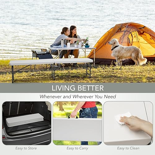 Miniatura 5 de AJP Distributors Paquete de 2 bancos plegables portátiles de plástico de 6 pies y 72 pulgadas, medio plegable, asiento resistente con asa de