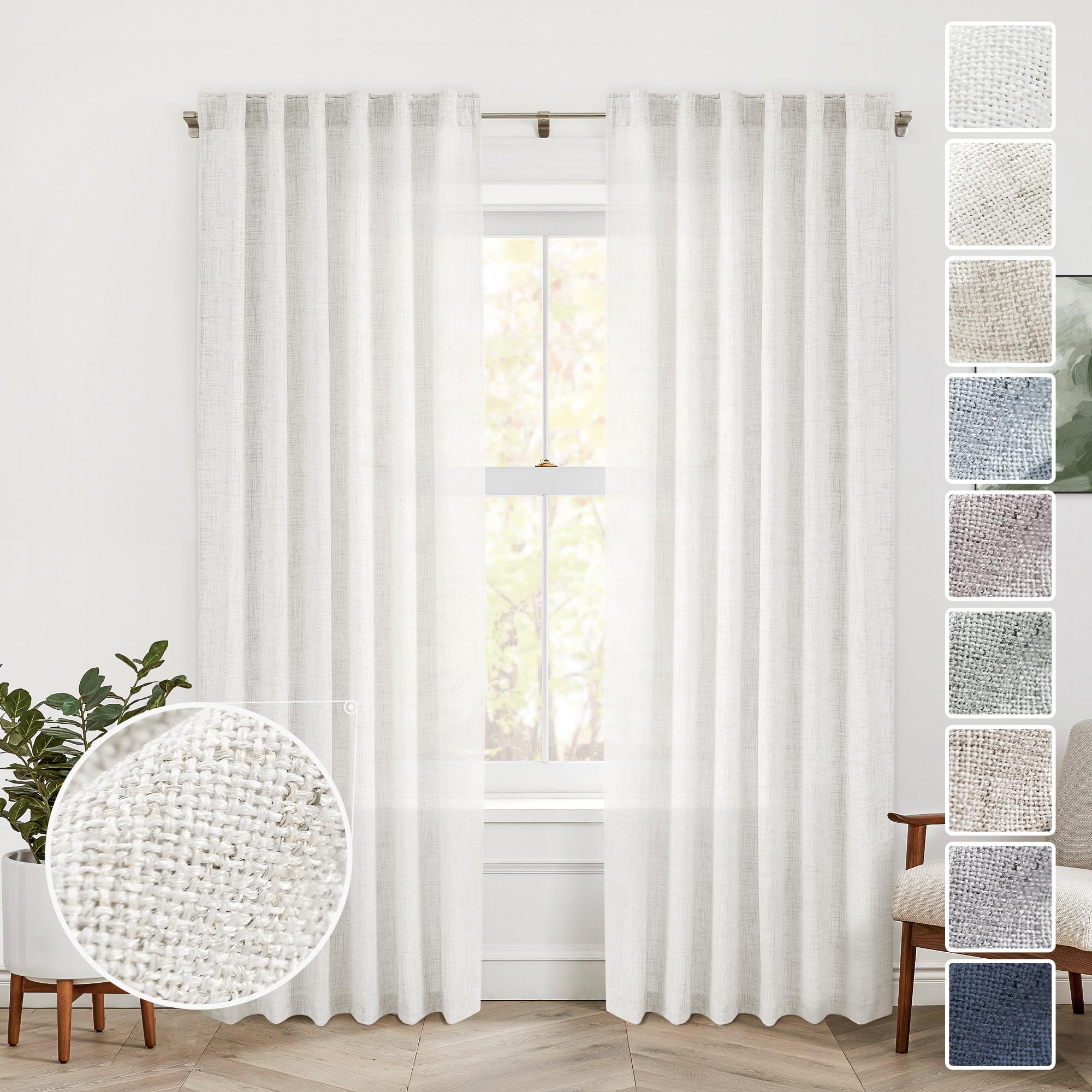 92 Inches Long Modern Farmhouse Linen Curtains for Living Room Rod Pocket Back Tab Sheer Ivory Off White Curtains Neutral Cream Drapes for Bedroom Dining Room, 92 Length 2 Panel Set