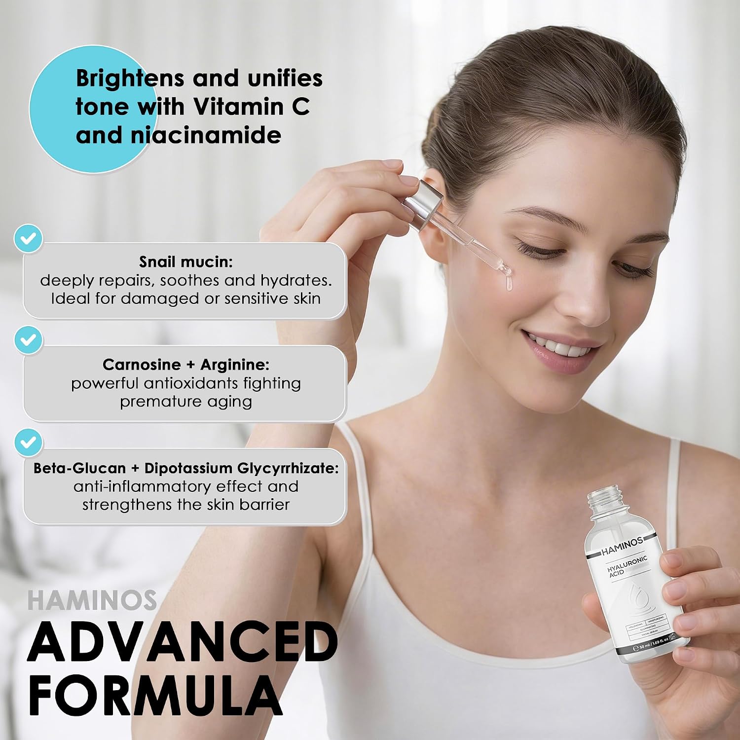 HAMINOS Facial Massager with Hyaluronic Acid Serum, 4-in-1 Face Massager Wand with Heat, Vibration, Red Blue Light and Galvanic Absorption, USB-C Rechargeable Skincare Tool with Niacinamide Serum