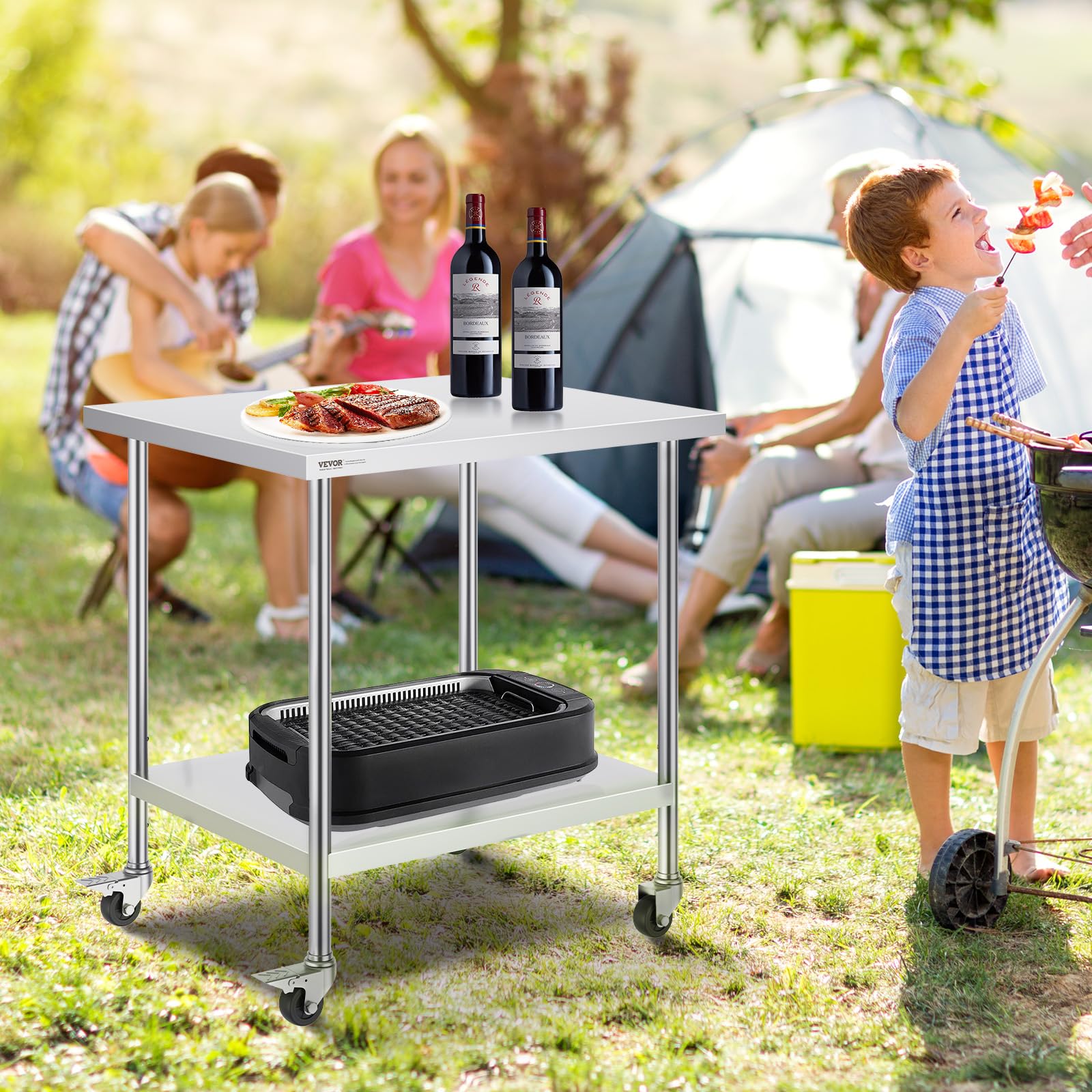 VEVOR Table de Travail en Acier Inoxydable 45,7 x 76,2 x 95,5 cm, Table de Préparation des Aliments avec 4 roulettes, 3 Niveaux de Hauteur Réglables, Meuble Rangement Durable pour Cuisine Restaurant