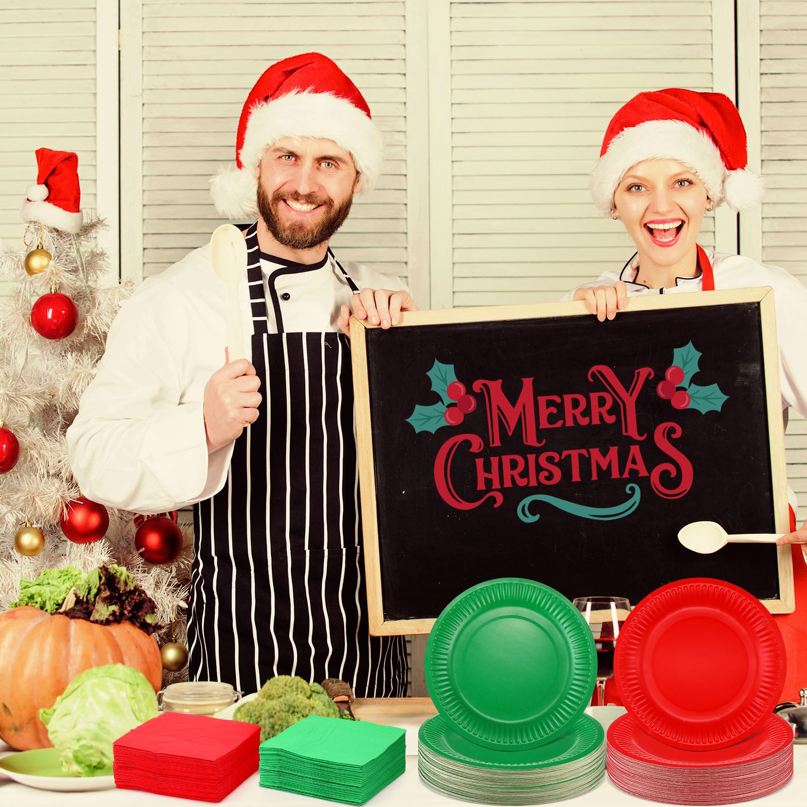 Layhit Juego de platos y servilletas de Navidad, color rojo y verde, suministros de fiesta de Navidad, platos desechables de postre y servilletas para fiesta (400 piezas)