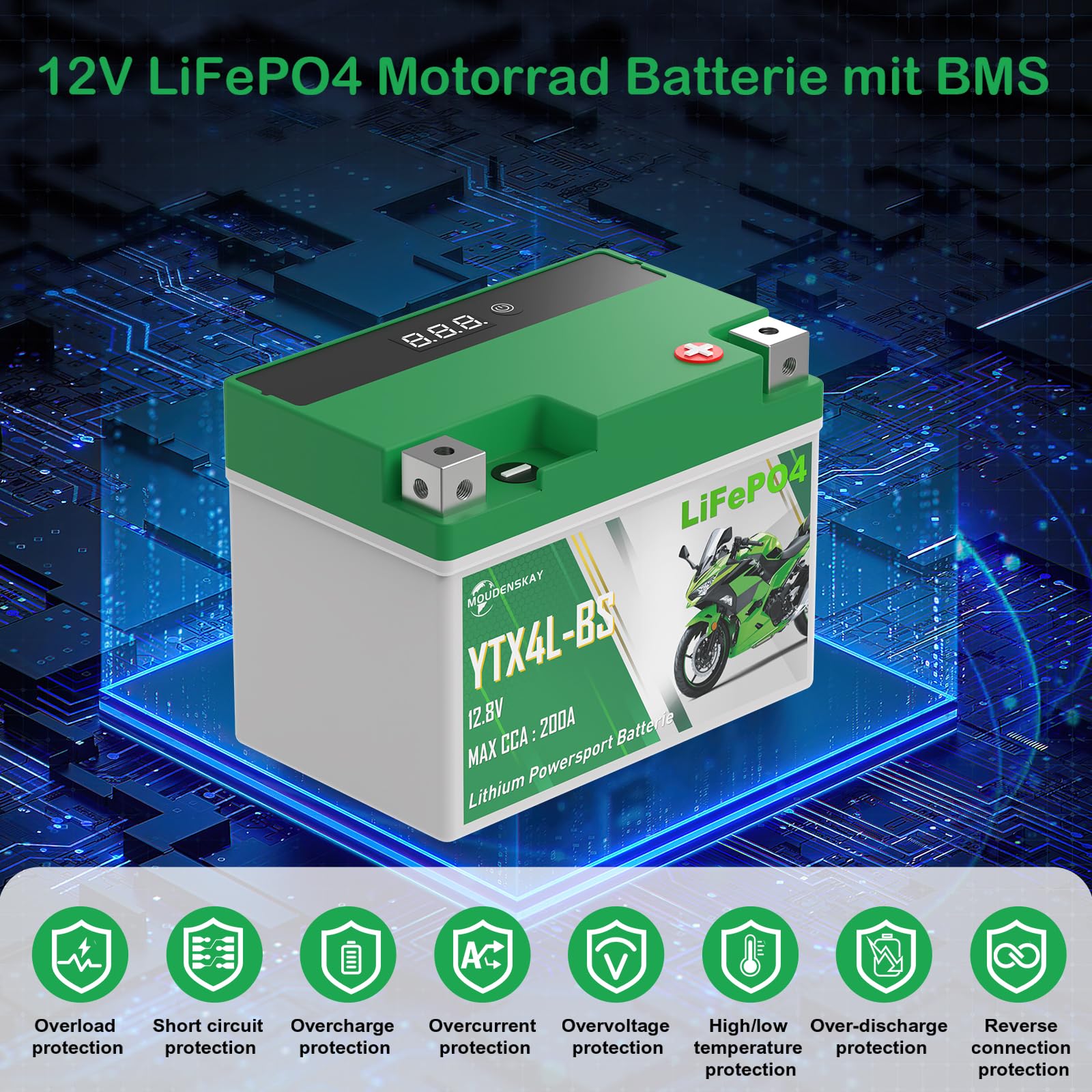 Lithium Motorrad Batterie 12V CCA200+ YTX4L-BS LiFePO4 Starterbatterie mit BMS