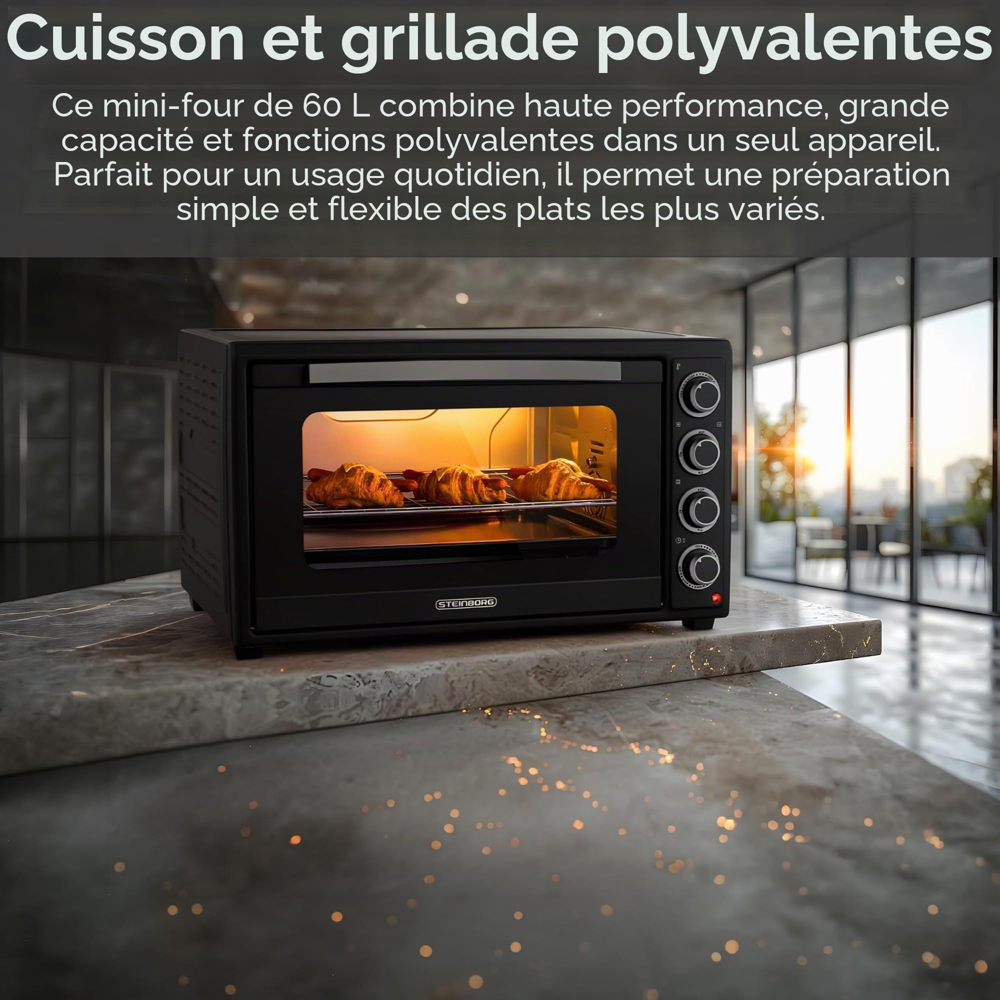 Steinborg® Mini four à pizza 3 en 1 3 en 1 avec chaleur tournante et tournebroche, 2000 W, taille XXL, 100 à 230 °C, minuterie 60 min, chaleur de voûte/sole et convection, four à pizza 3 en 1, avec