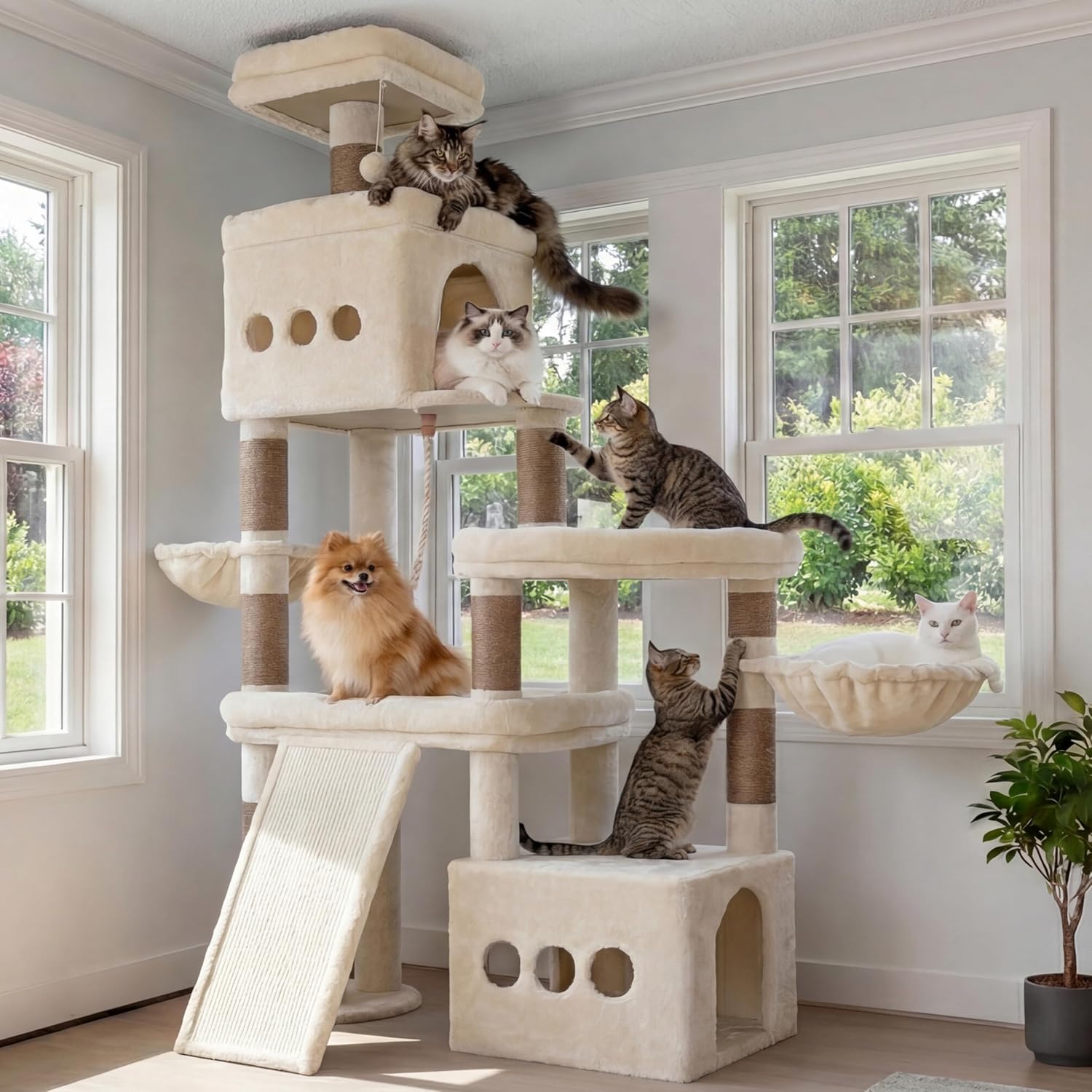 Heybly Cat Tree, 72.4-Inch Anti-Tip Cat Tower for Large Cats, All-in-One Cat Furniture with Spacious Perches, Multiple Interactive Areas, Extra-Large Sisal Scratching Board, Beige HCT060MJ
