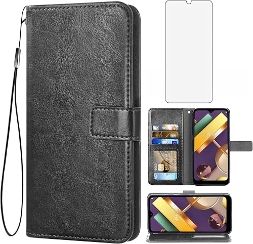 Asuwish Funda tipo cartera compatible con LG K22 K32, protector de pantalla de vidrio templado y soporte de cuero para tarjetas, accesorios