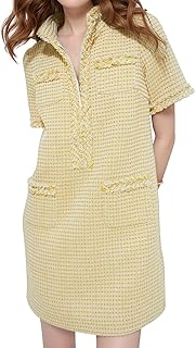 Women's Tweed Dress, Short Sleeve Straight Tube Mini Dress with Pockets for Business Party Work