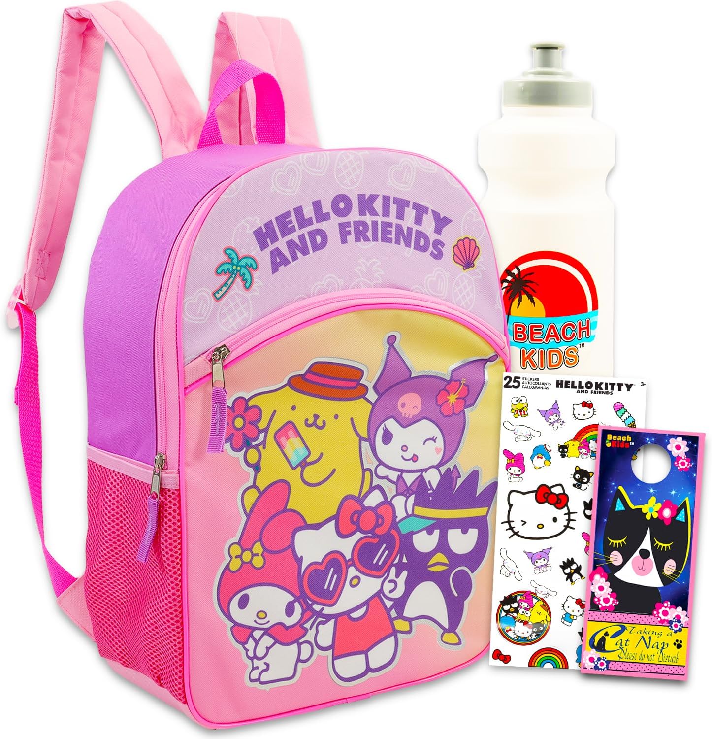 Hello Kitty and Friends Backpack Set - 16” Sanrio Backpack with My Melody, Kuromi, and Others, Plus Water Bottle, More | Hello Kitty Backpack