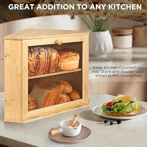 Vista 4 de Panera de esquina de doble capa – Panera de bambú de gran capacidad – Panera para encimera de cocina con separador ajustable, fácil de montar